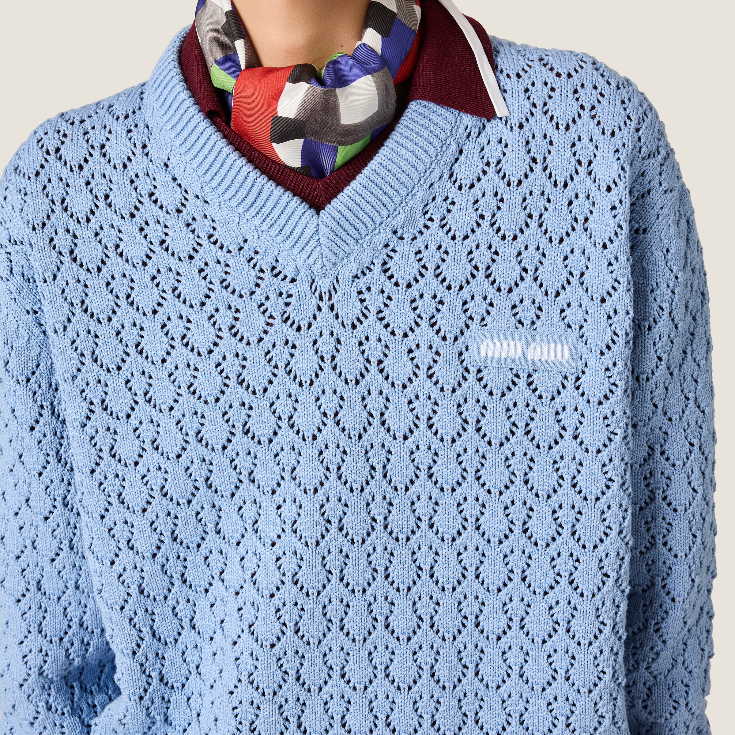 ご予約品です♪ Sky Blue Cotton V-neck Sweater | Miu Miu - Japan