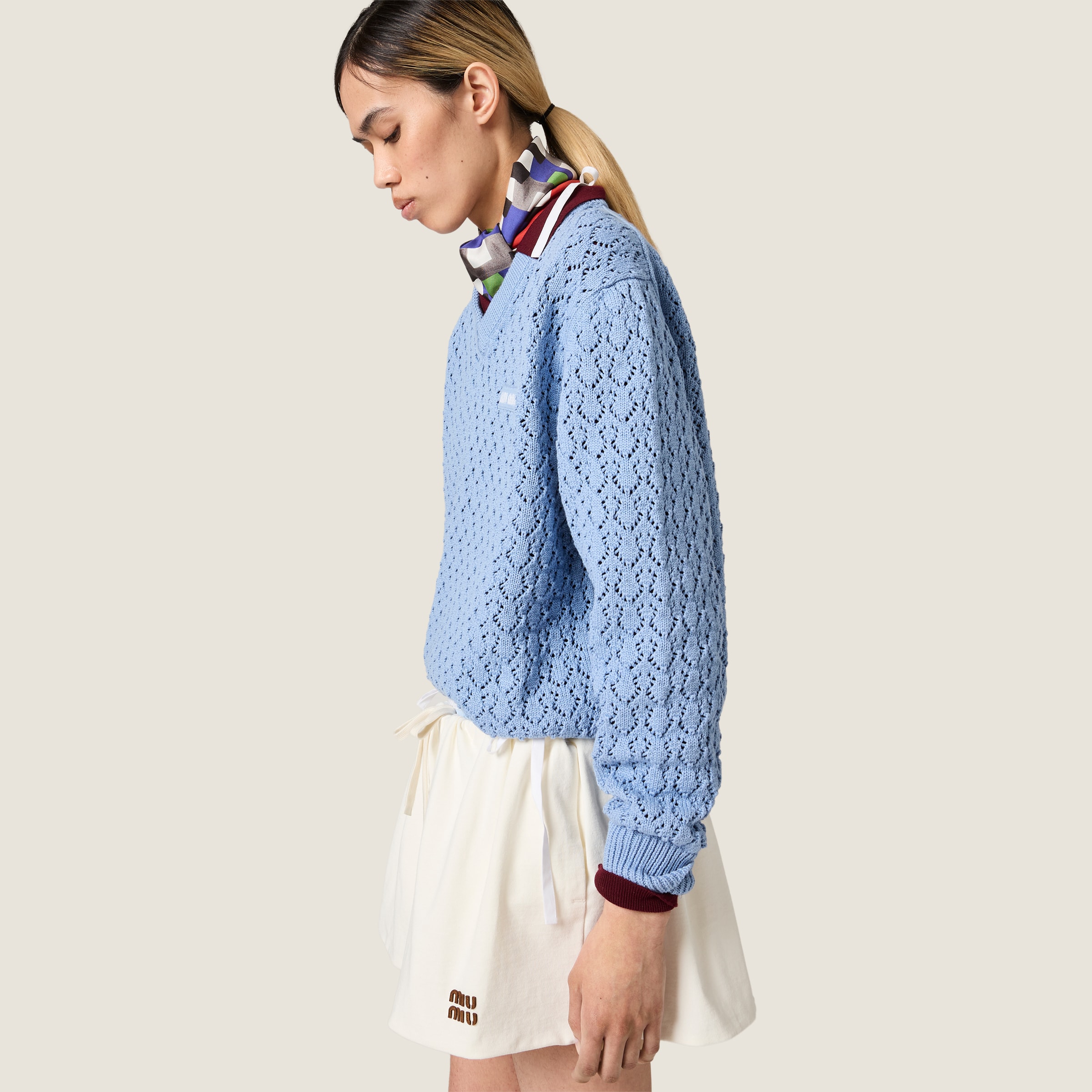 Sky Blue Cotton V-neck Sweater | Miu Miu - Australia