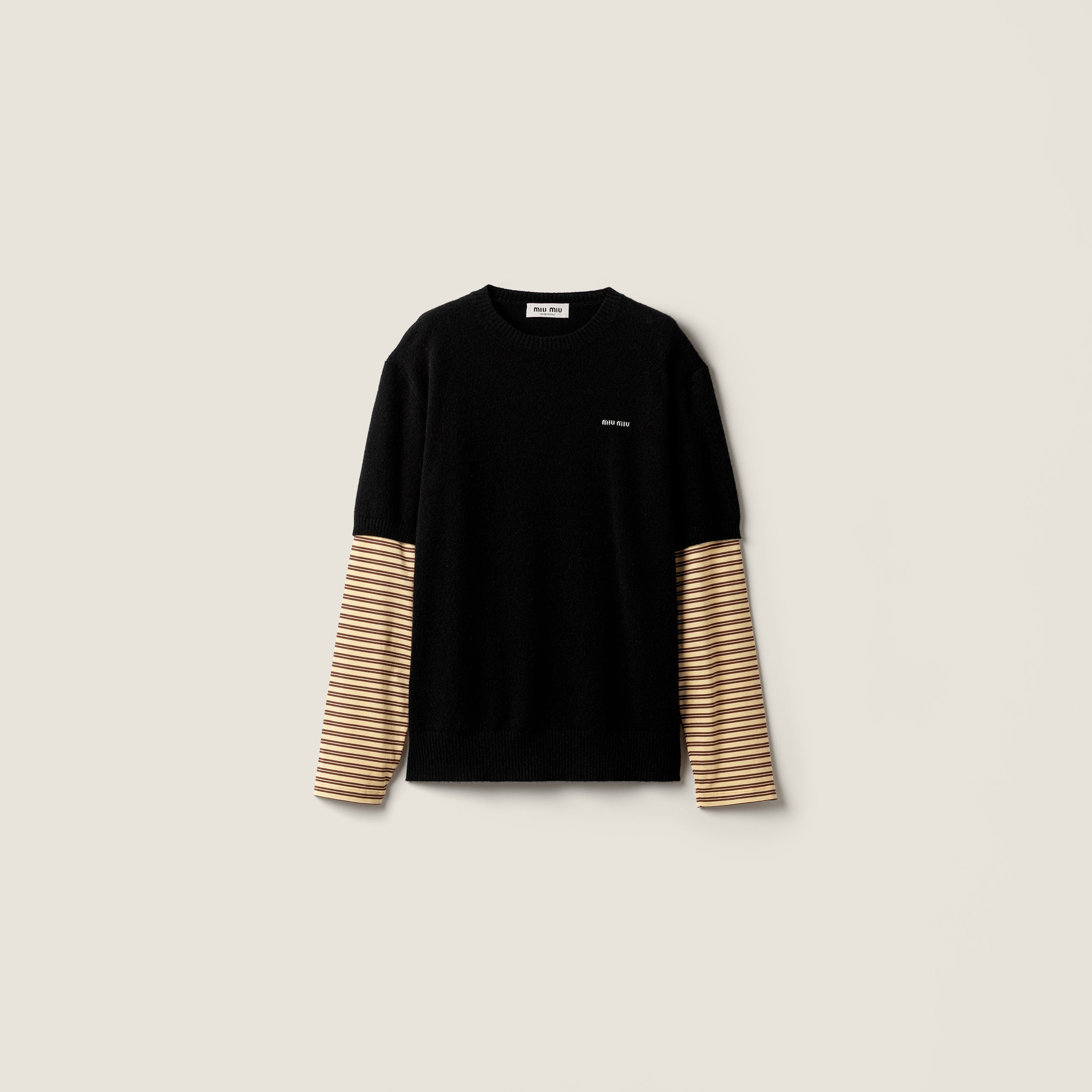 Black/cream/cocoa Brown Cashmere And Jersey Sweater | Miu Miu