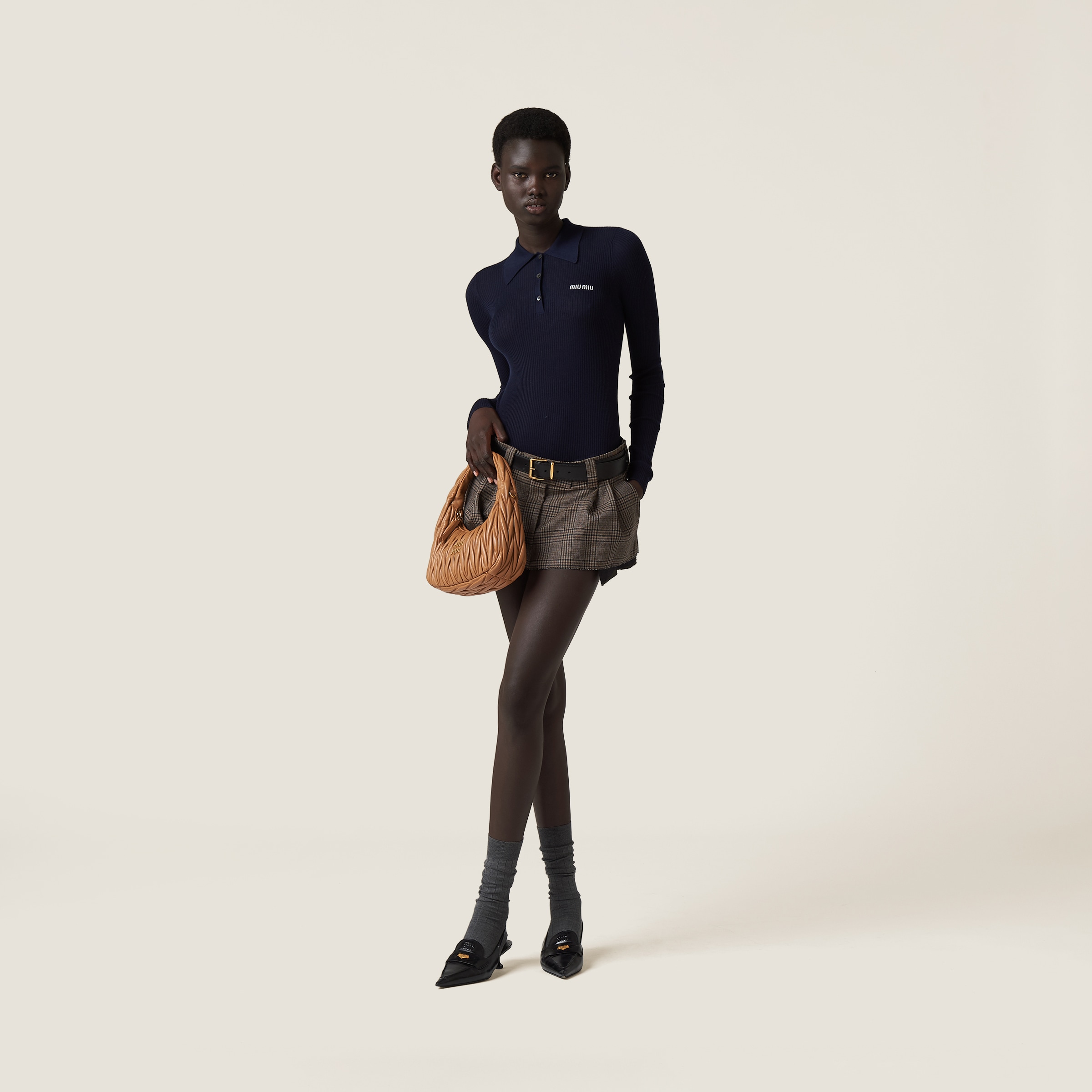 関税込【MiuMiu】Knitted silk and cashmere polo shirt Navy Cashmere And Silk Knit Polo Shirt | Miu Miu