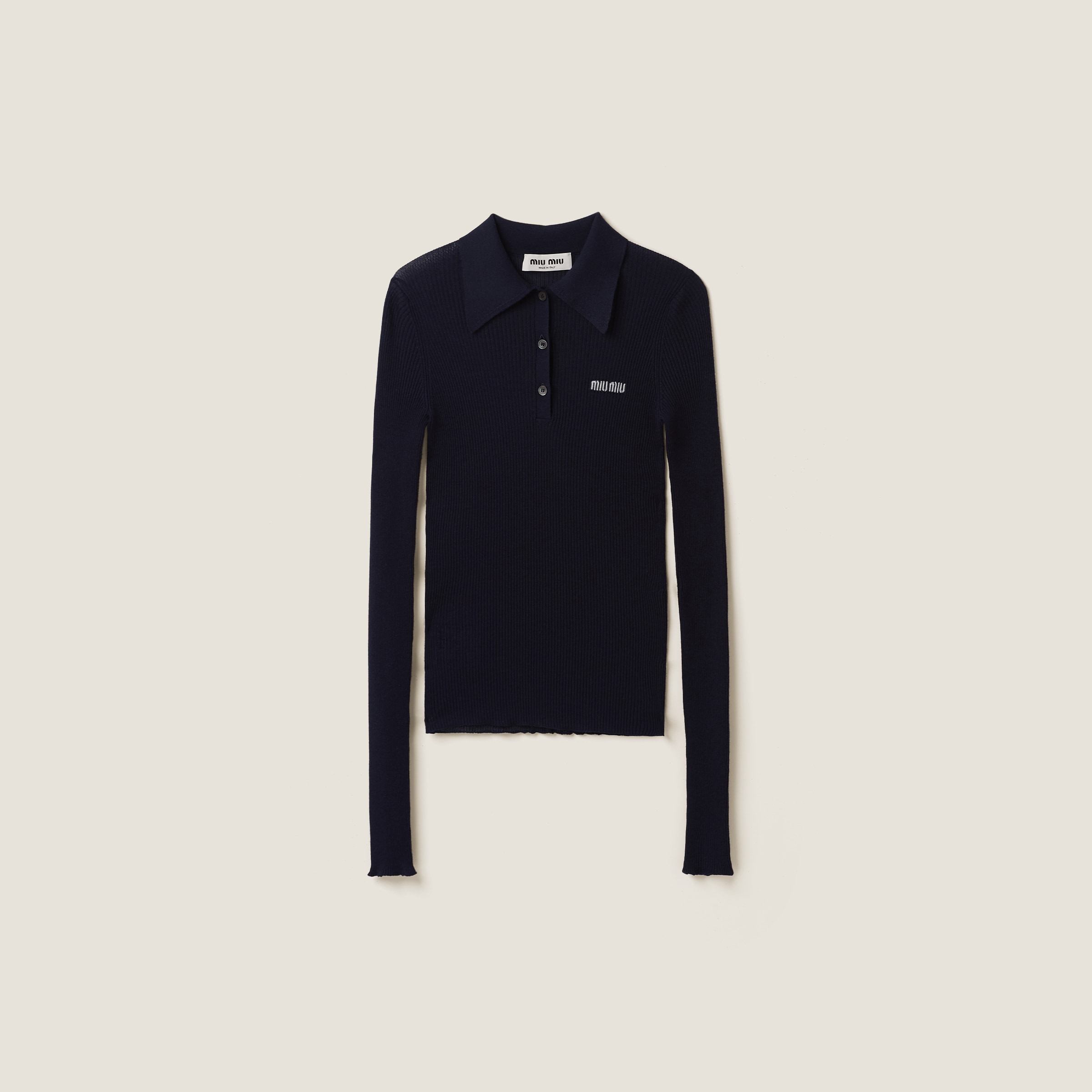 Miu Miu Logo Ribbed-knit Cashmere And Silk Polo Shirt In Navy
