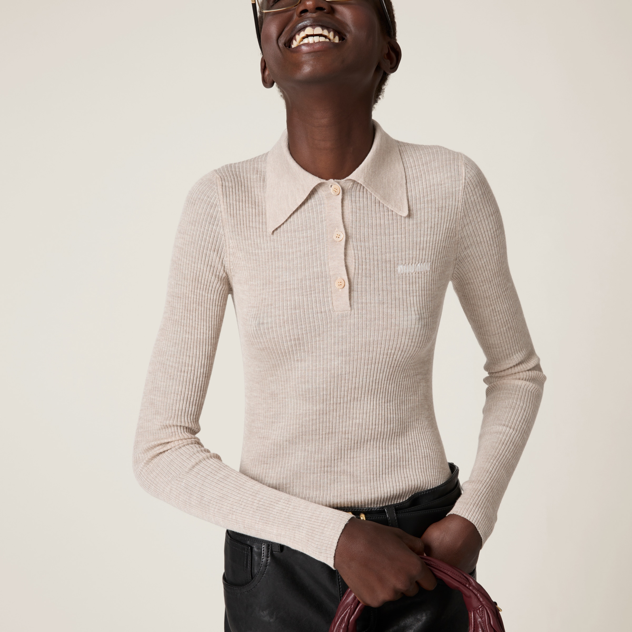 Miu Miu Cashmere And Silk Knit Polo Shirt In Sand Beige