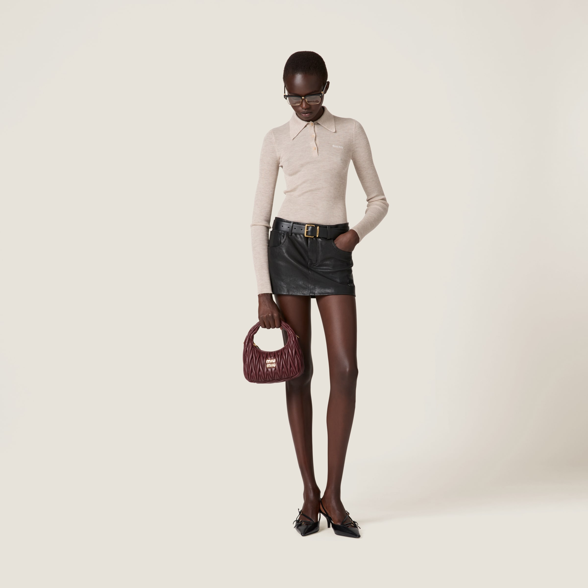 Miu Miu Cashmere And Silk Knit Polo Shirt In Sand Beige