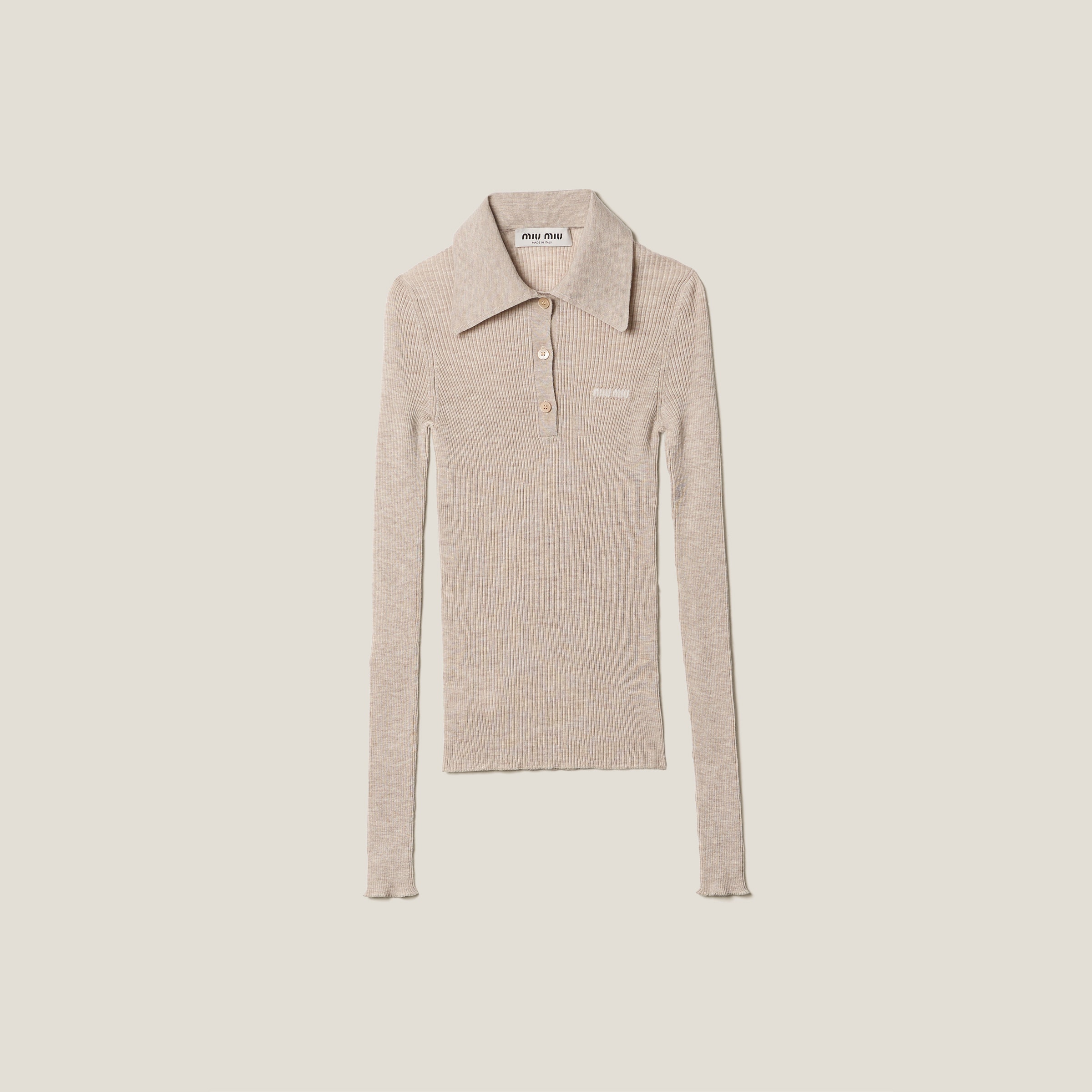 Miu Miu Cashmere And Silk Knit Polo Shirt In Sand Beige