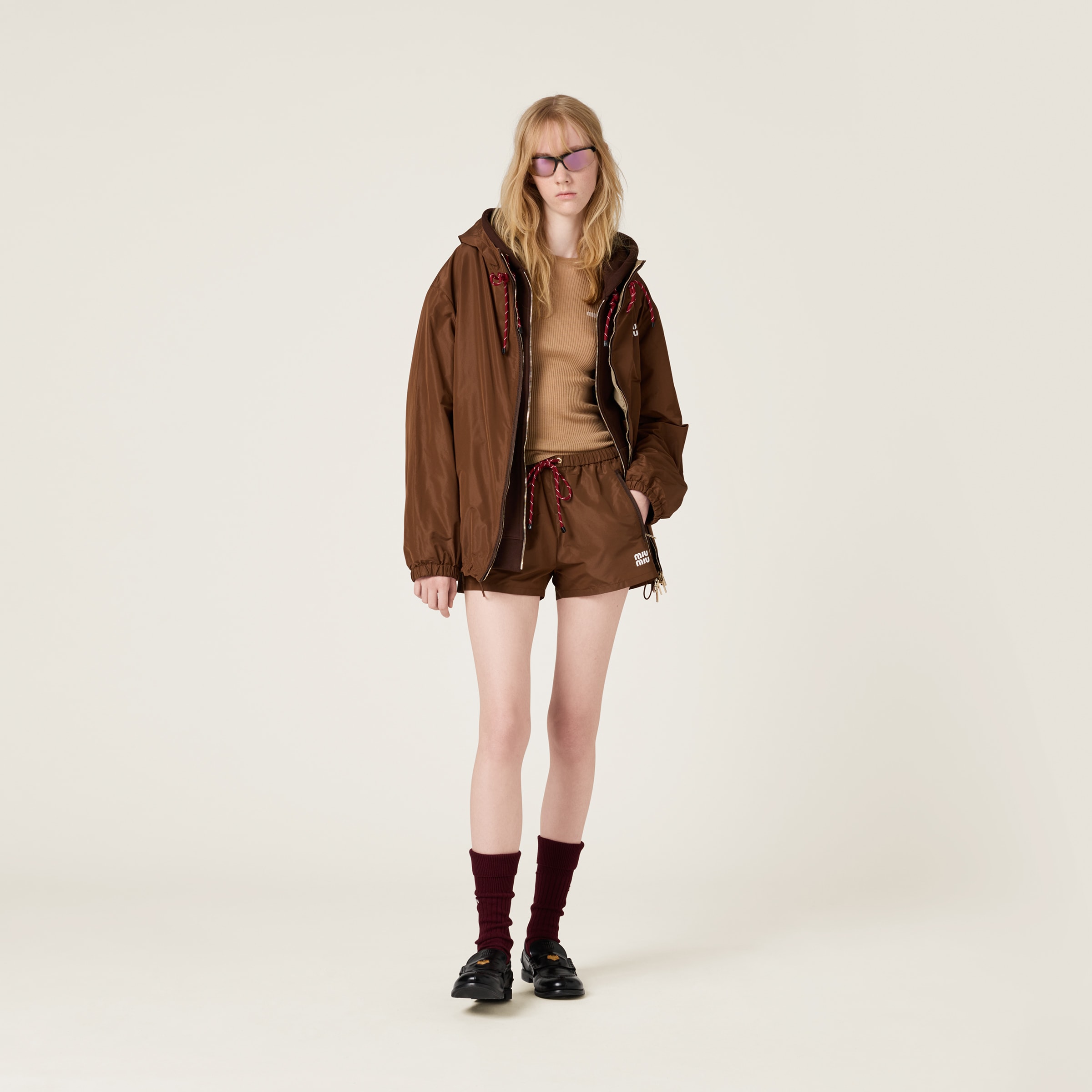 Miu Miu Cashmere Silk Rib Crewneck Sweater In Camel Brown