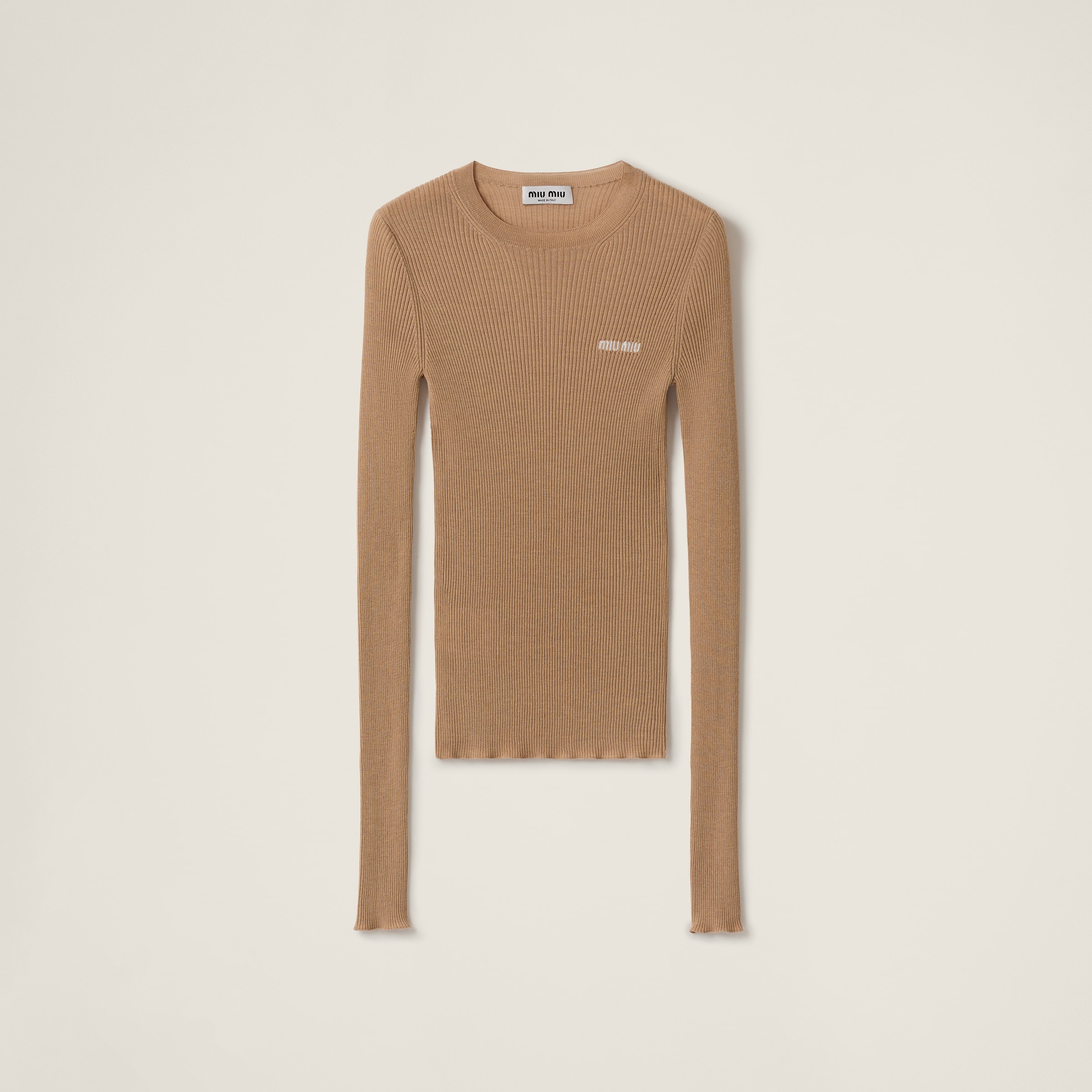 Miu Miu Cashmere Silk Rib Crewneck Sweater In Camel Brown