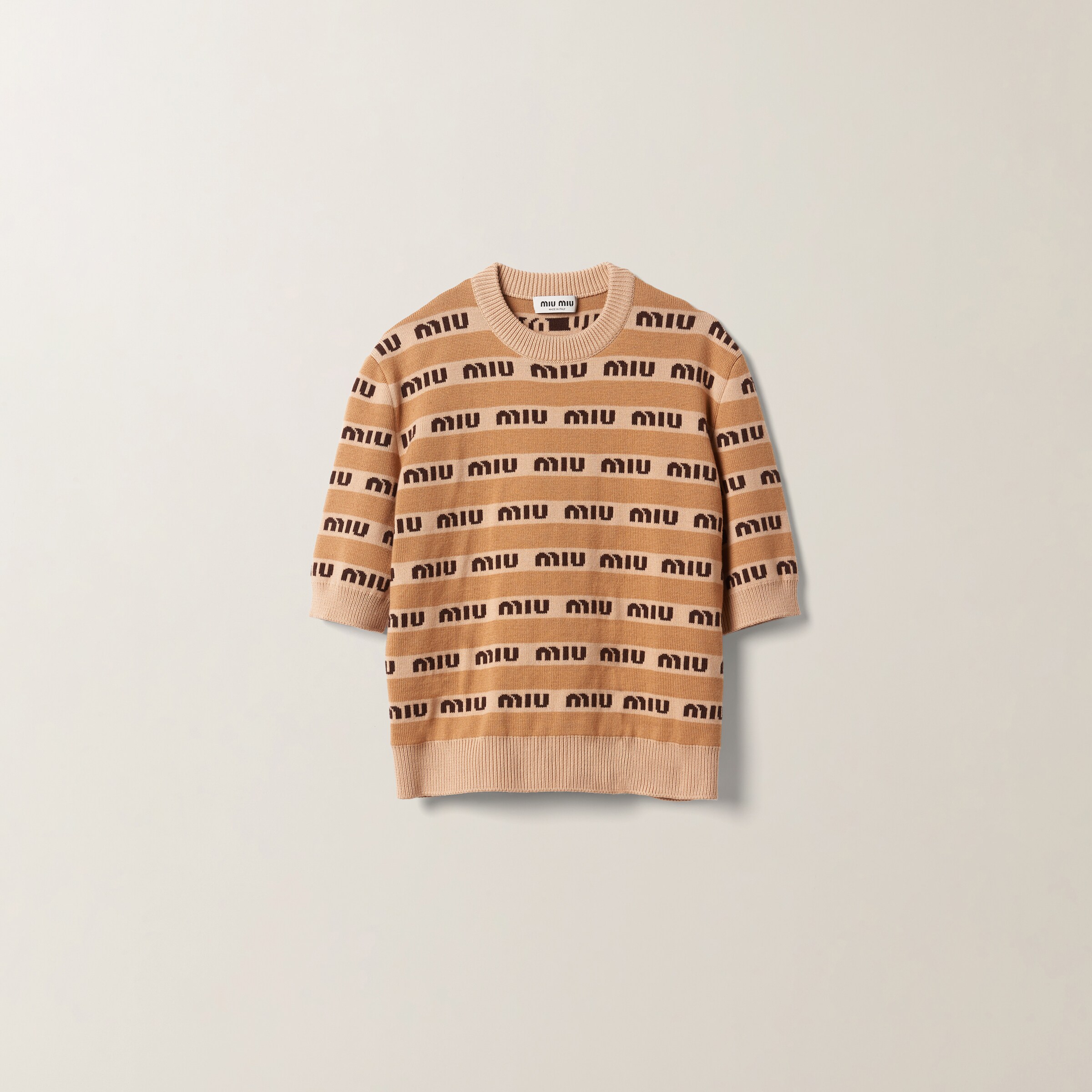 Miu Miu Logo-intarsia Short-sleeve Wool Sweater In Albino White