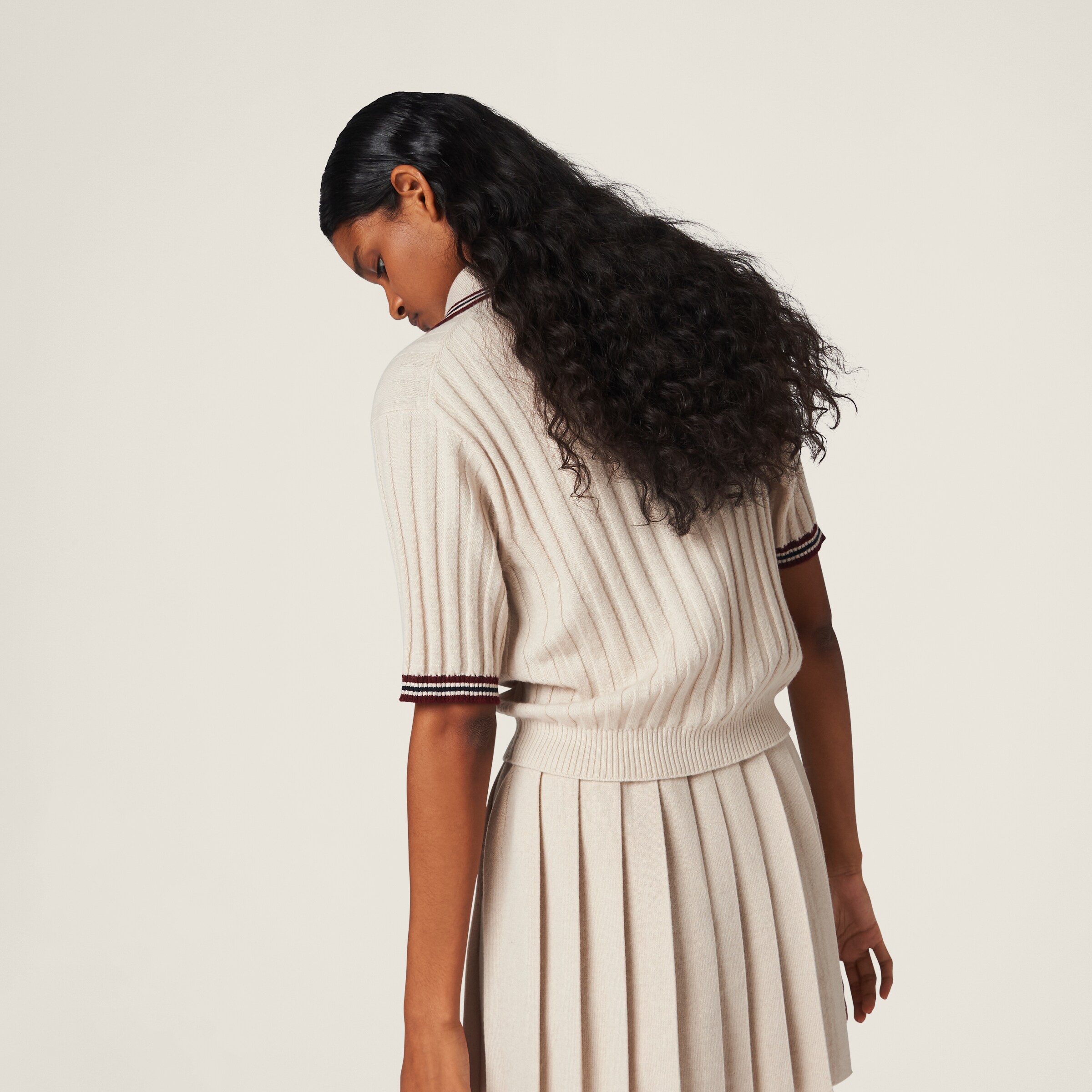 Miumiu 2026 Short-sleeved Knit Polo Shirt Beige and Gray Wool