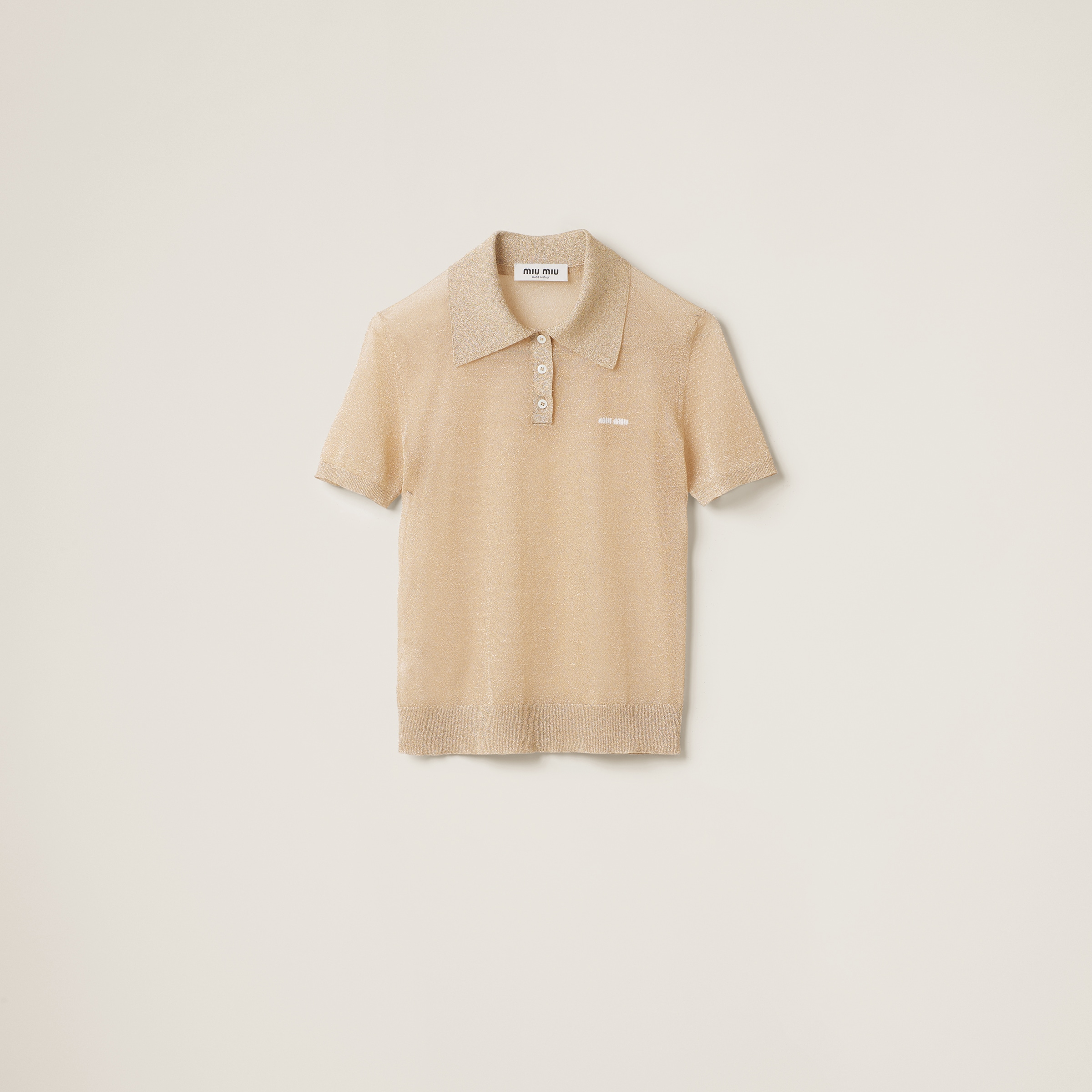 Miu Miu Lamé Knit Polo Shirt In Gold