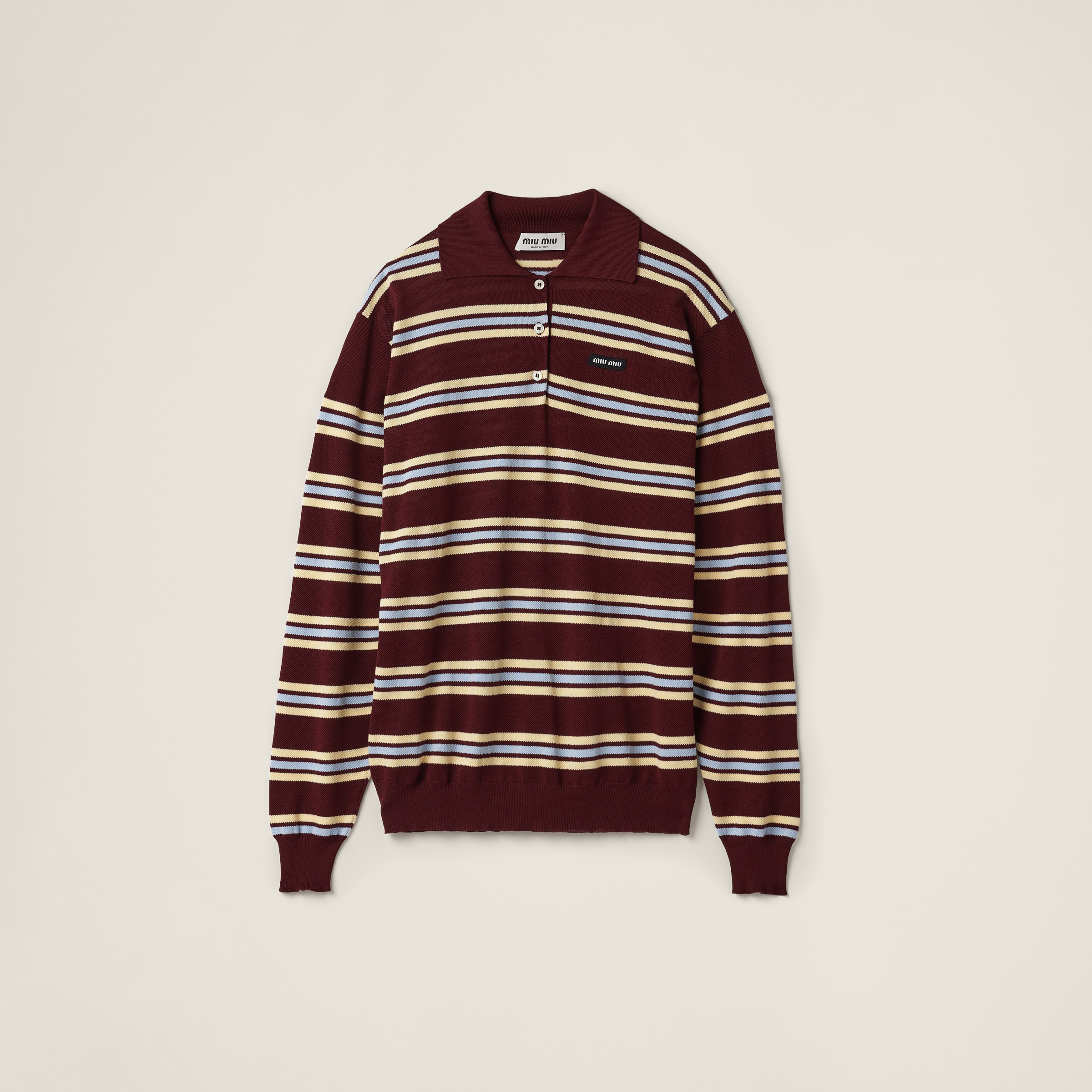 MIU MIU - 【miumiu】Silk And Cotton Knit Polo Shirt Miu Miu Silk And Cotton Knit Polo Shirt In Amaranth Red/maize Yellow