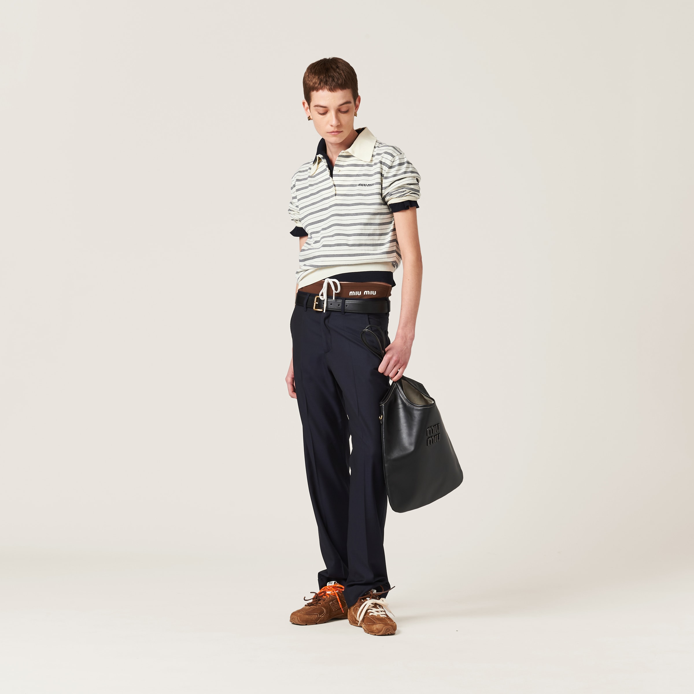 Miu Miu Striped Knitted Cotton Polo Shirt In Ivory