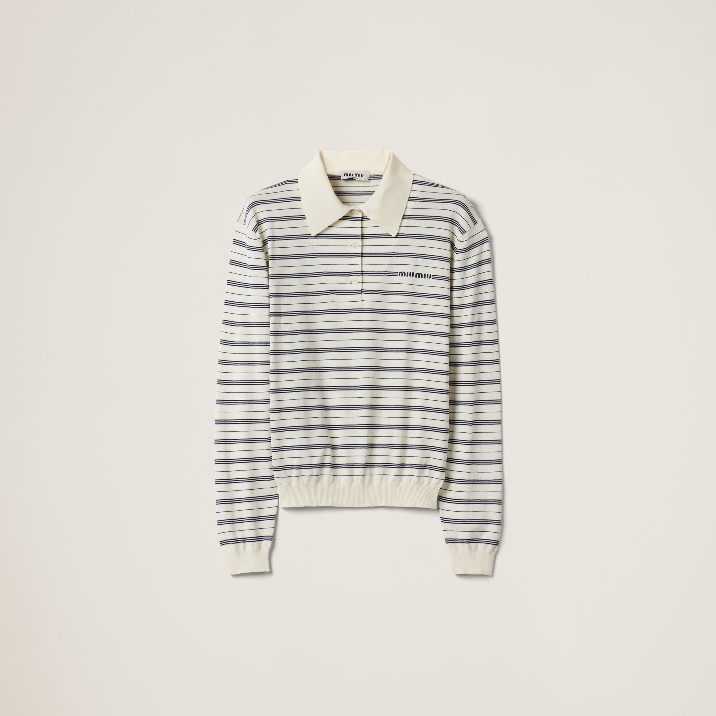 Miu Miu Striped Knitted Cotton Polo Shirt In Neutrals