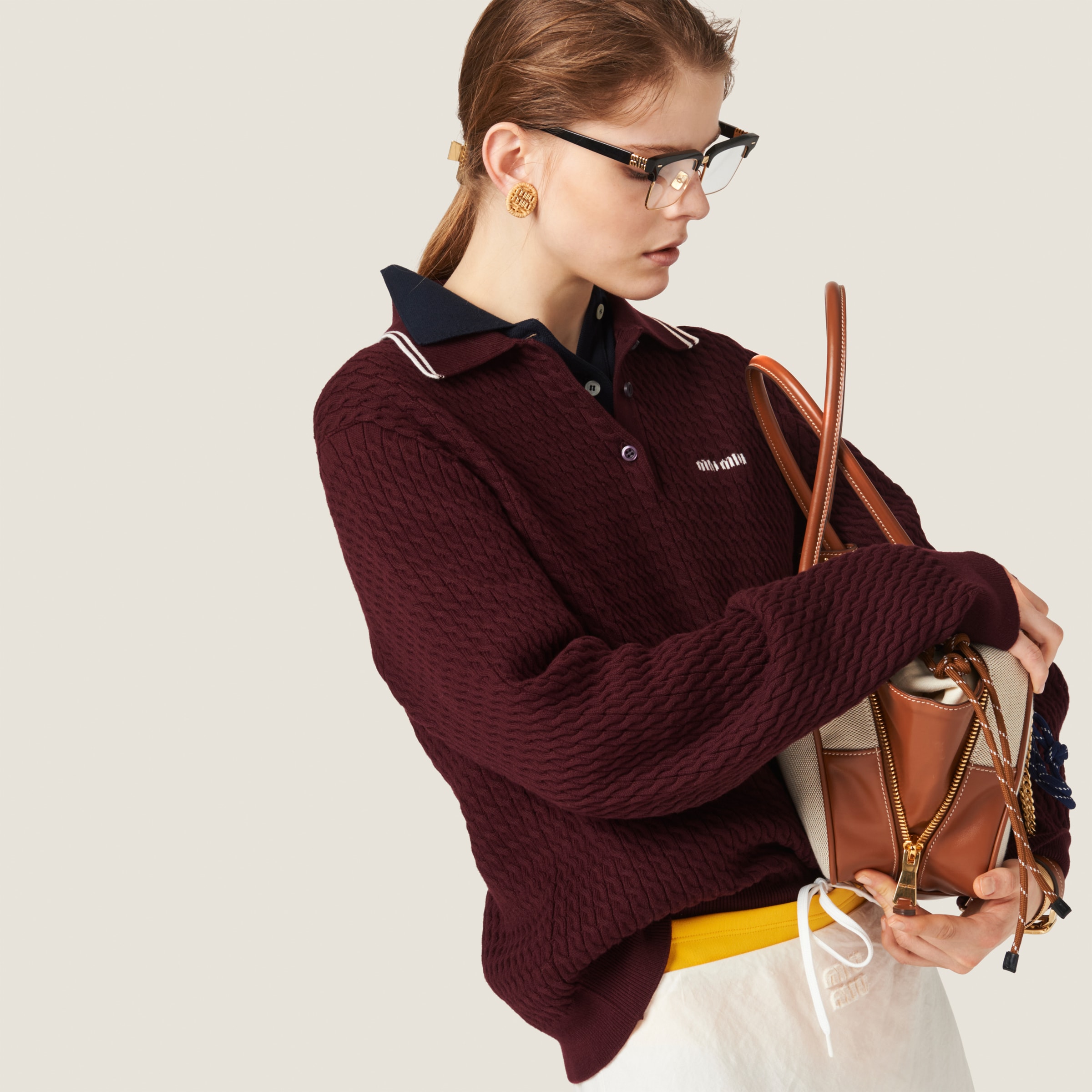 Burgundy/white Cotton Jersey Polo Shirt | Miu Miu