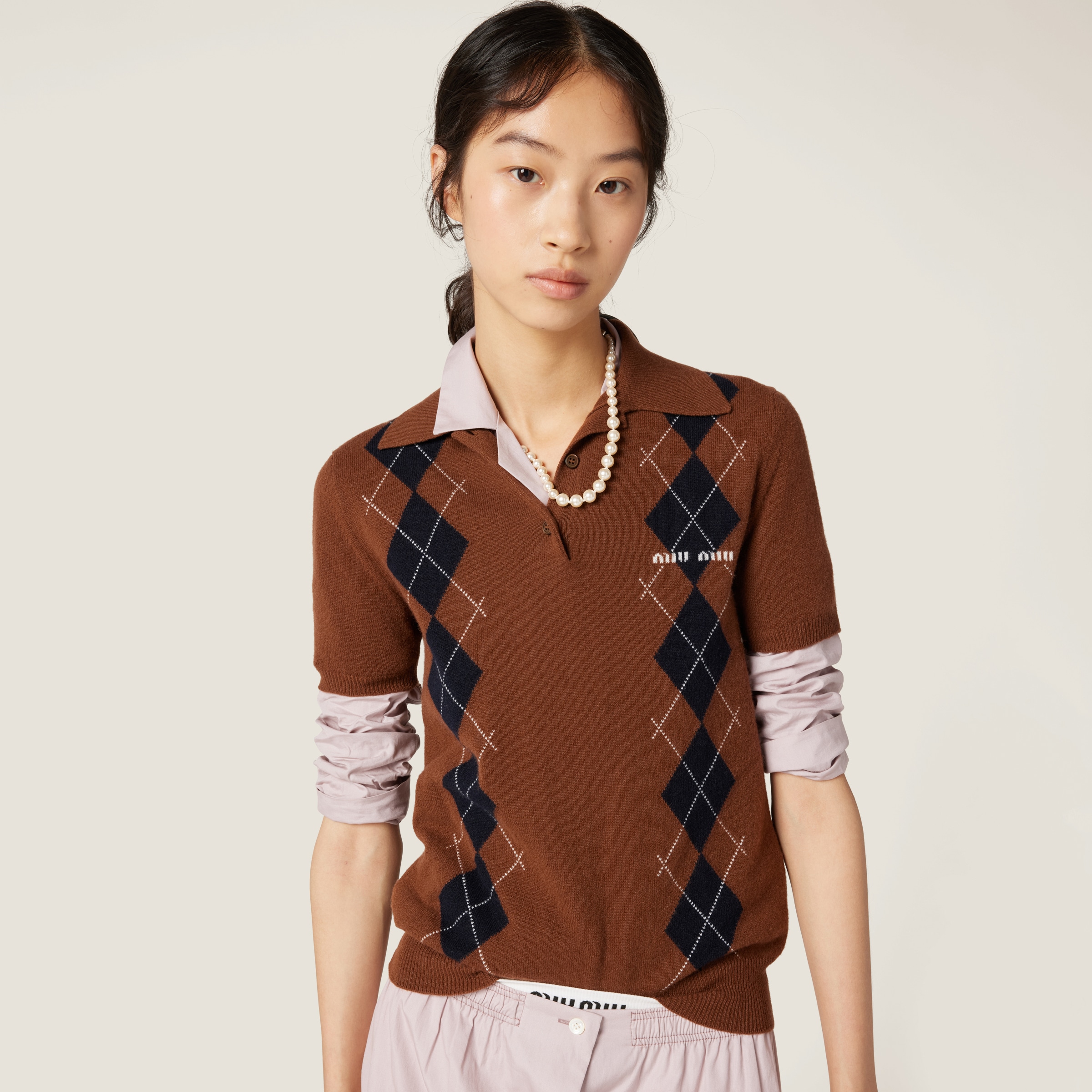Miu Miu Cashmere Knit Polo Shirt In Tobacco
