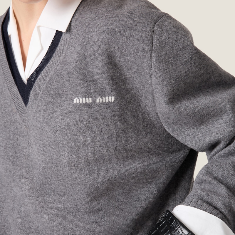 Grey+blue Silk And Cashmere V-neck Sweater | Miu Miu