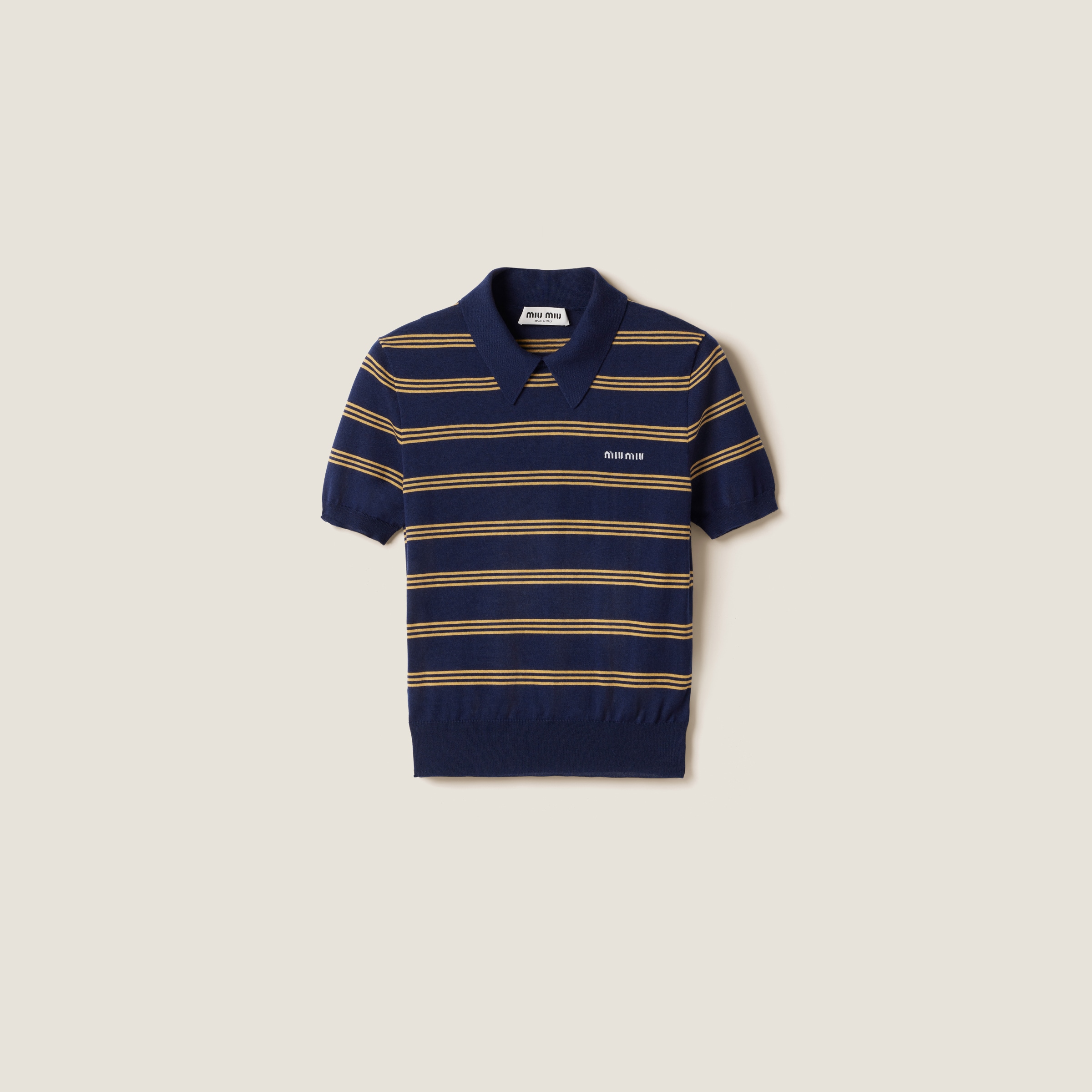 Miu Miu Striped Cashmere And Silk Polo Sweater In Navy