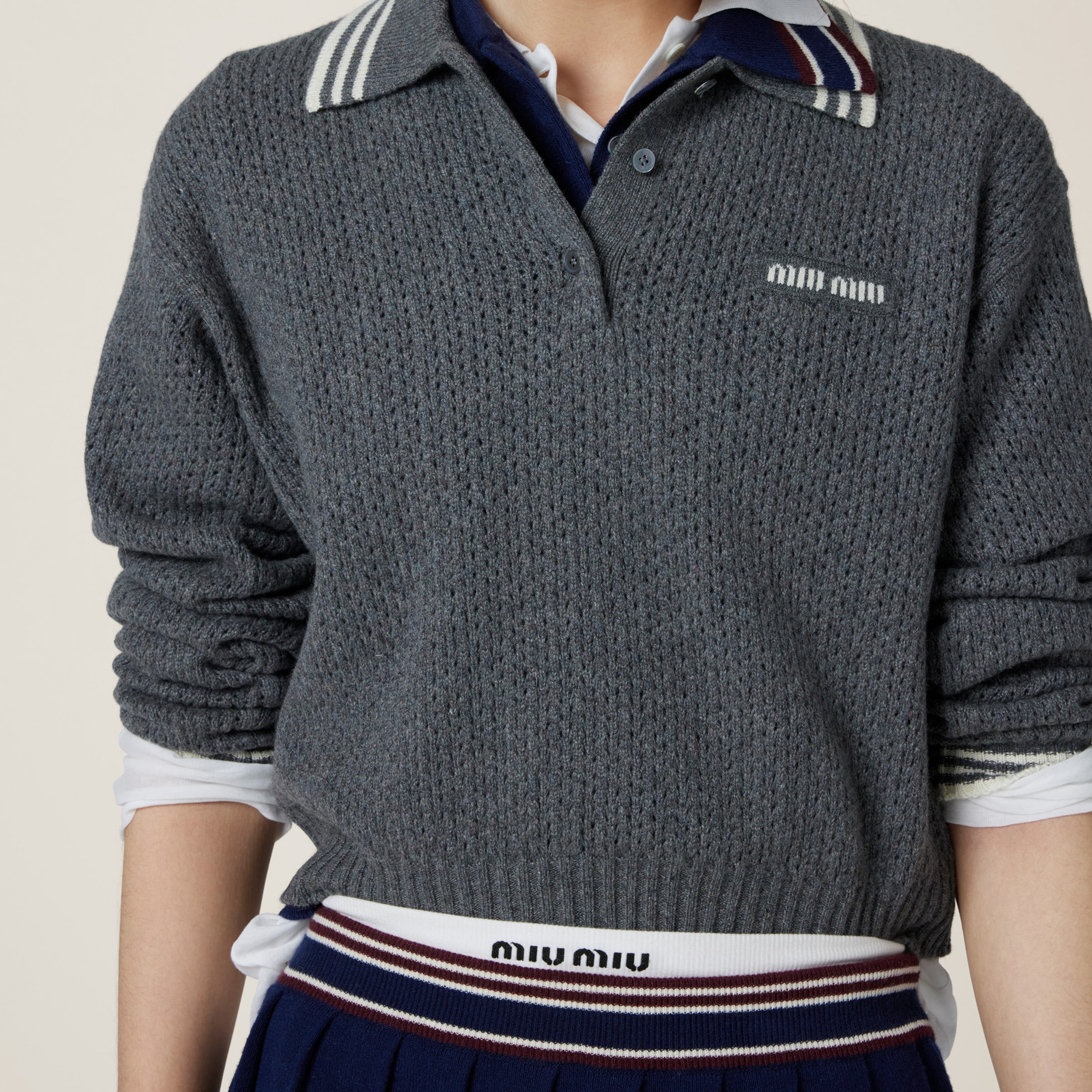 Miu Miu Wool And Cashmere Polo Sweater In Slate Gray
