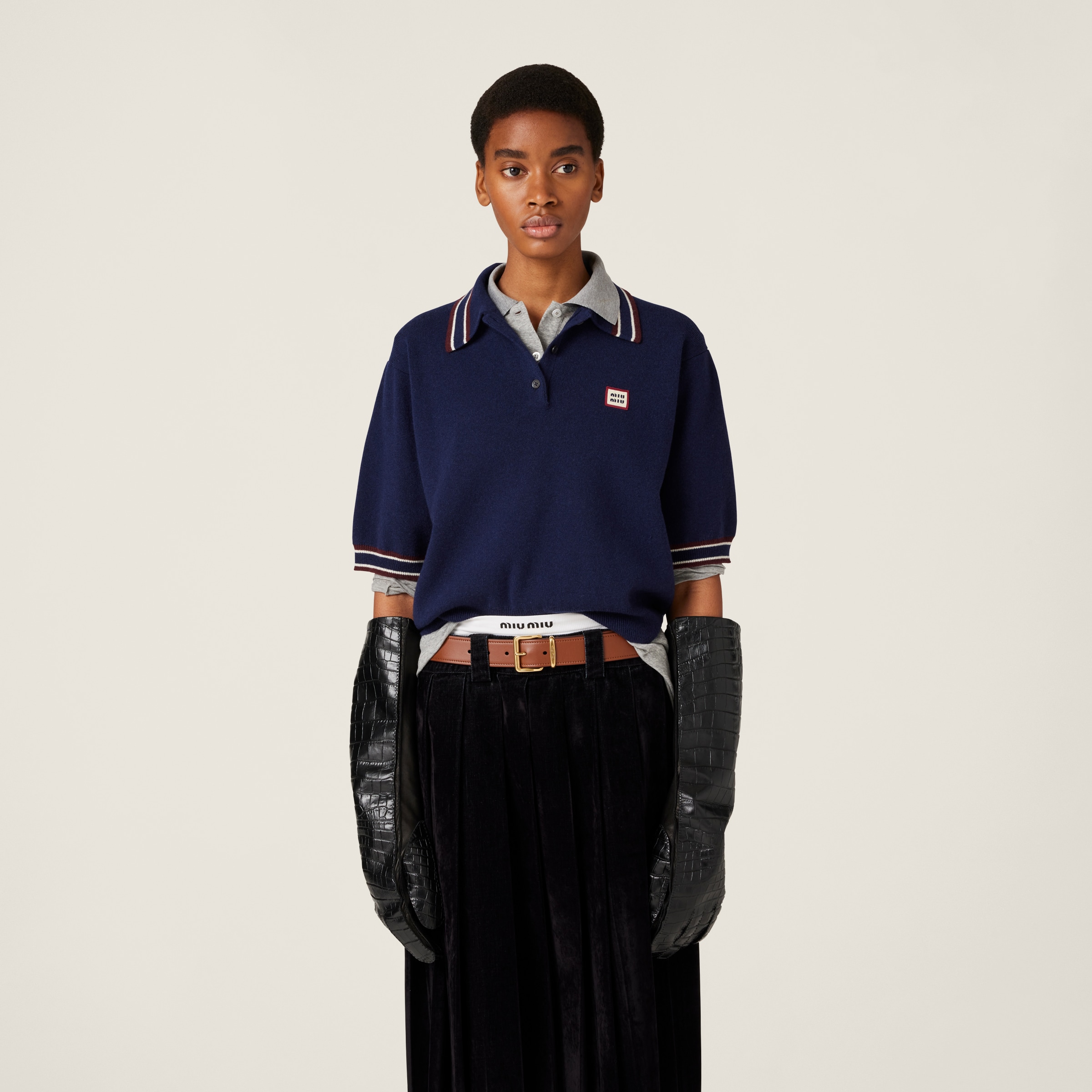 Miu Miu Wool And Cashmere Polo Sweater In Navy