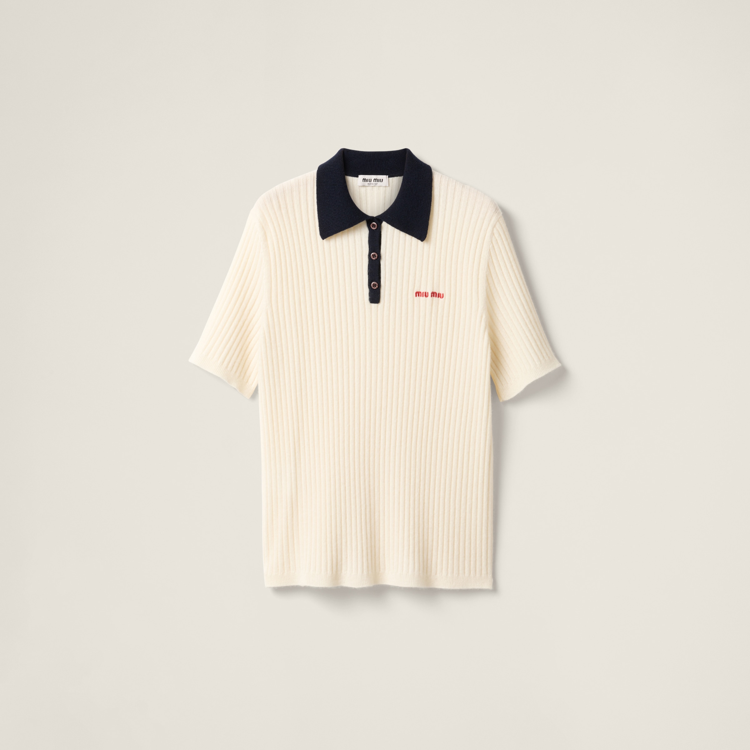 Miu Miu Ribbed Cashmere Polo Shirt In Natural/blue