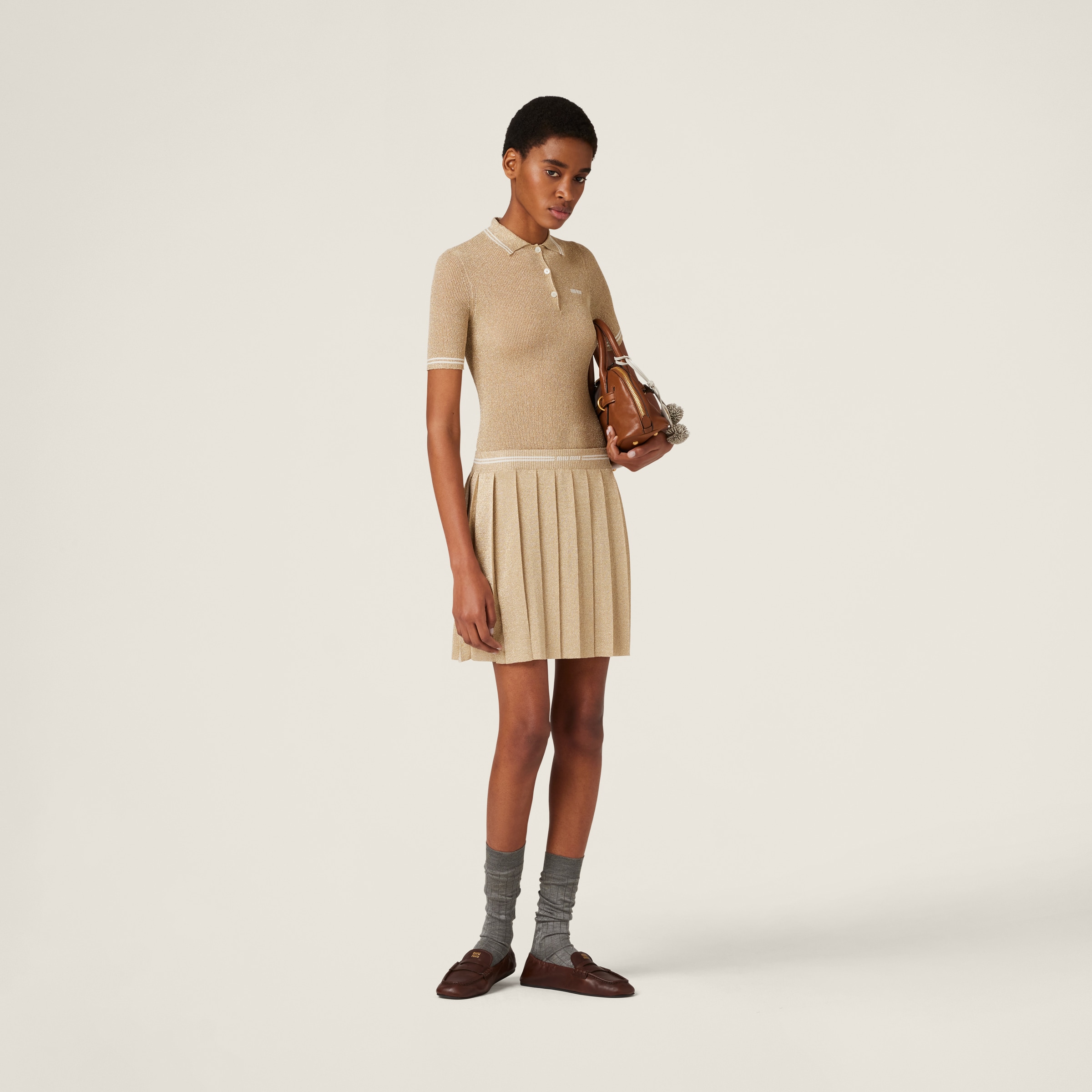 Miu Miu Lamé Polo Shirt In Gold