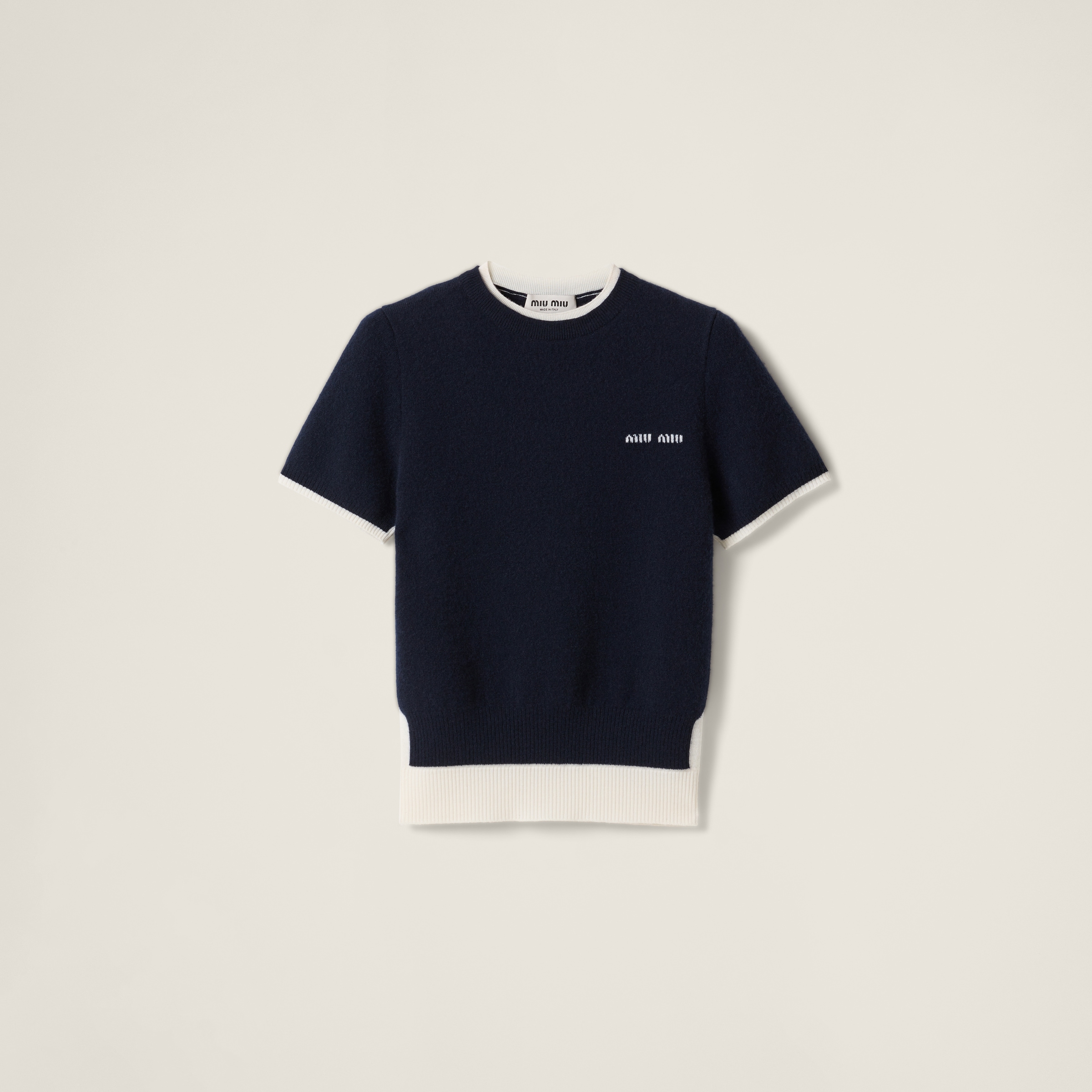 【 大感謝セール】 ネイビー/ホワイト セーター クルーネック ウールxカシミヤ トップス