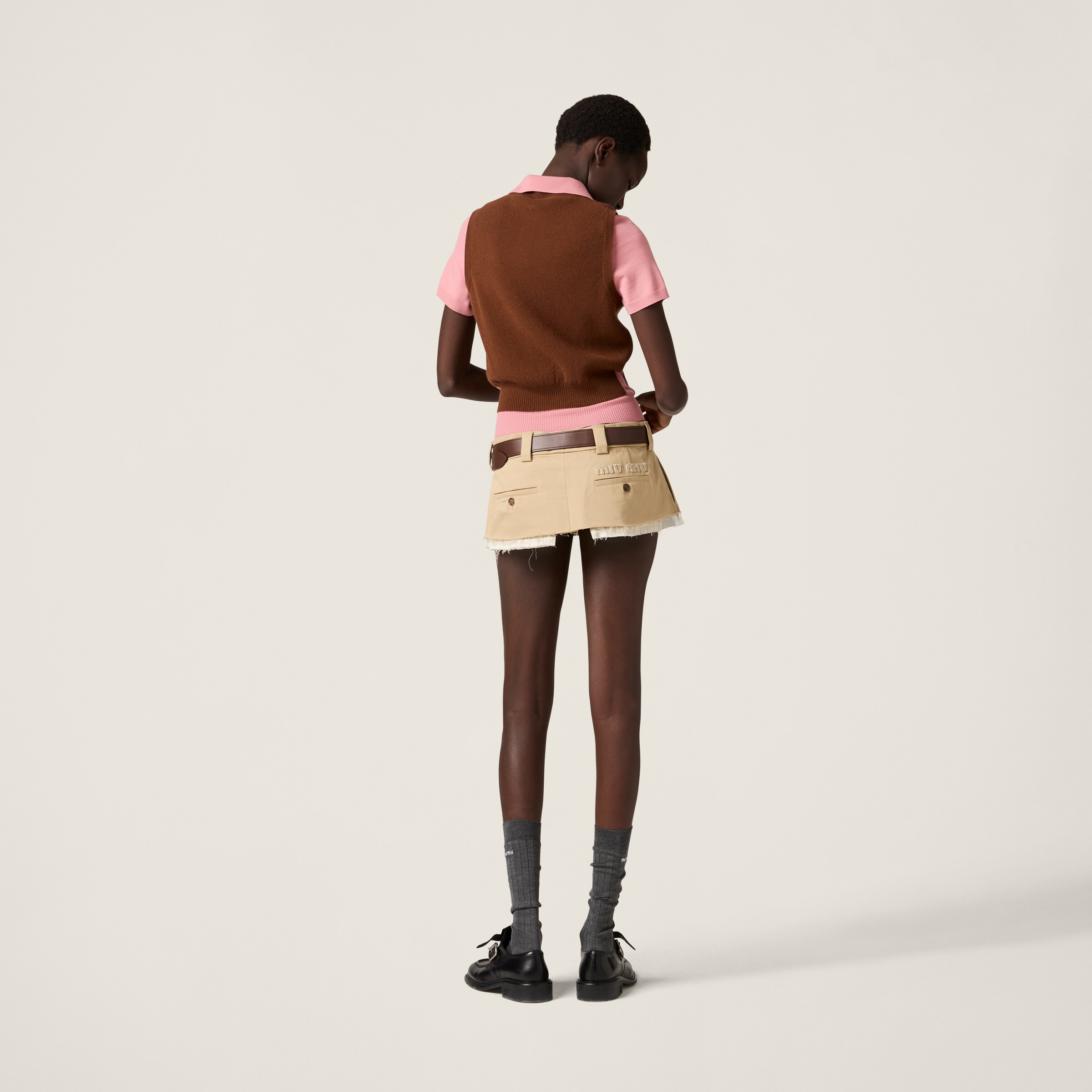Miu Miu Two-tone Wool Blend Polo Shirt In Tobacco/pink