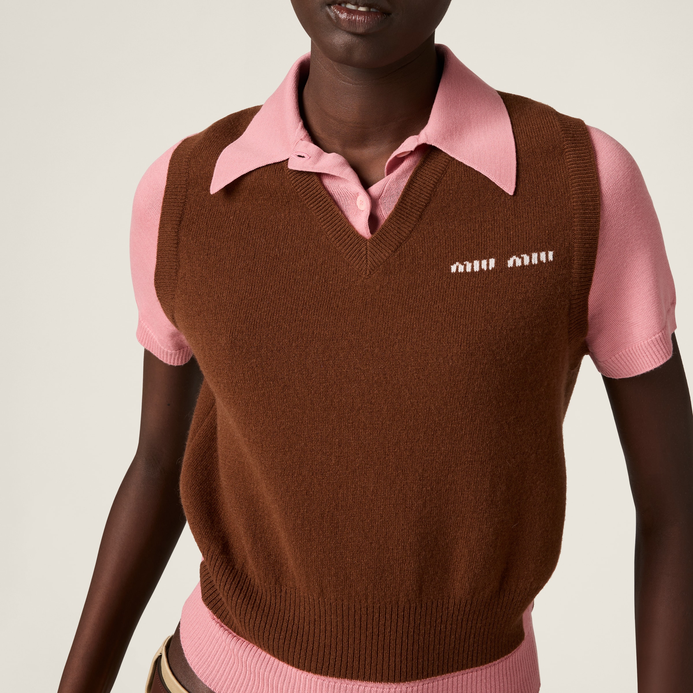 Miu Miu Two-tone Wool Blend Polo Shirt In Tobacco/pink