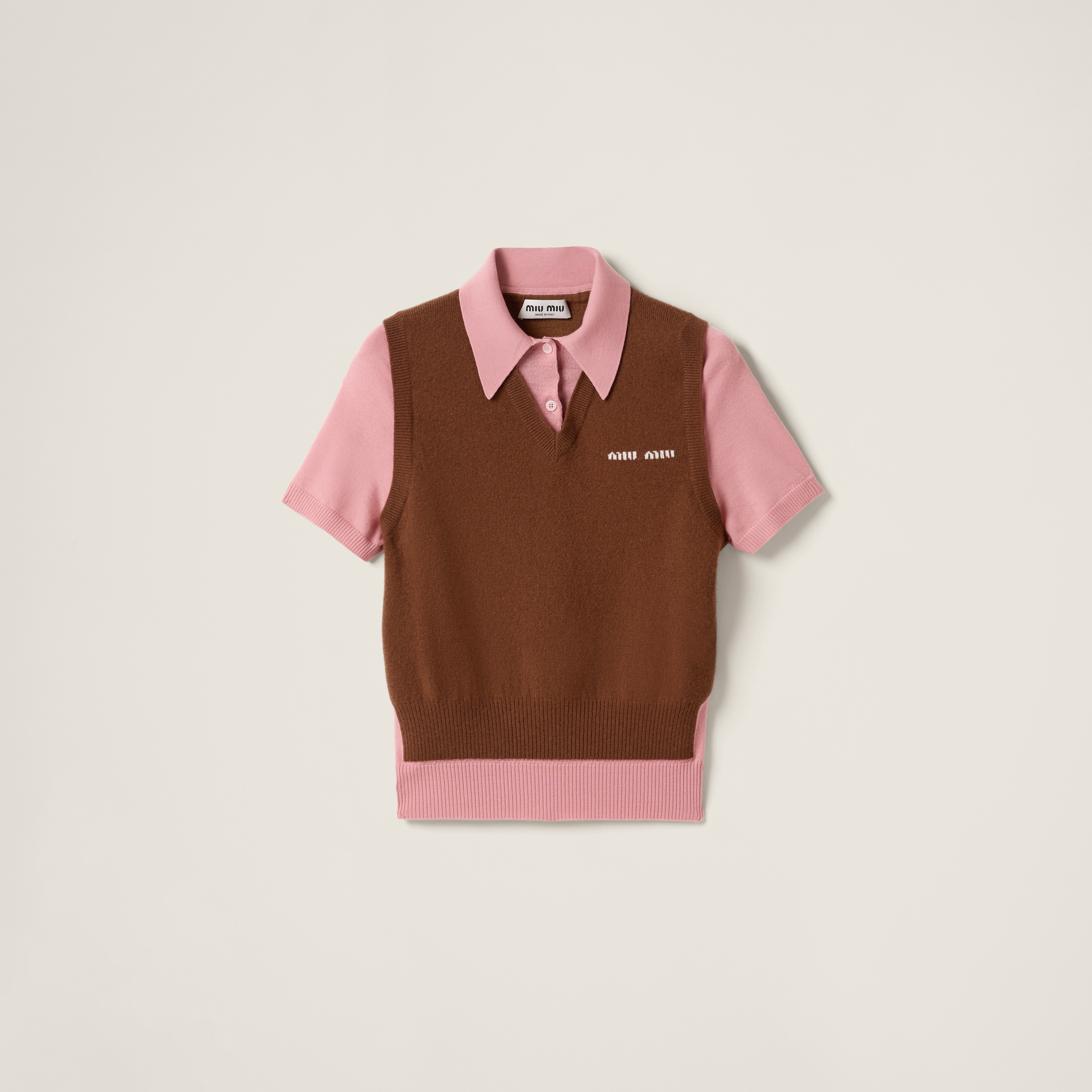Miu Miu Two-tone Wool Blend Polo Shirt In Tobacco/pink