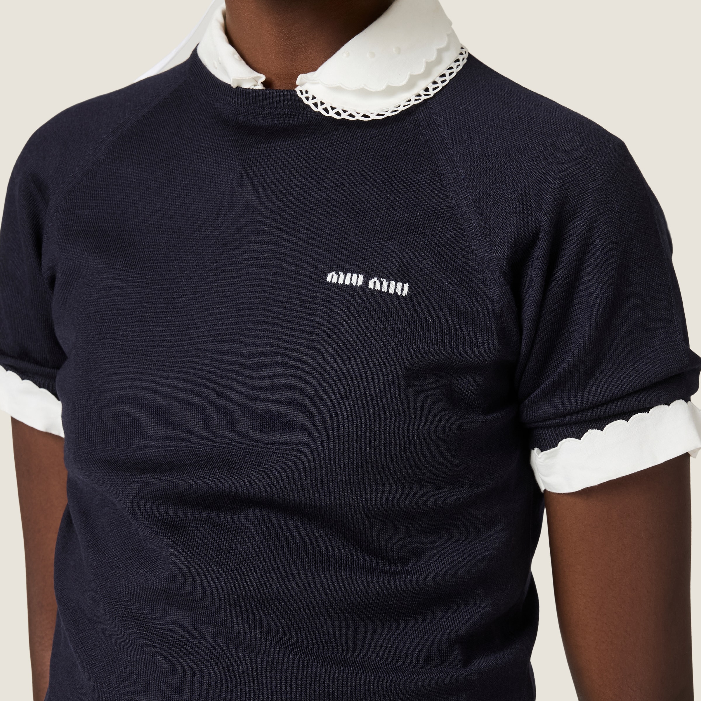 Navy Wool Crew-neck Sweater | Miu Miu - United States