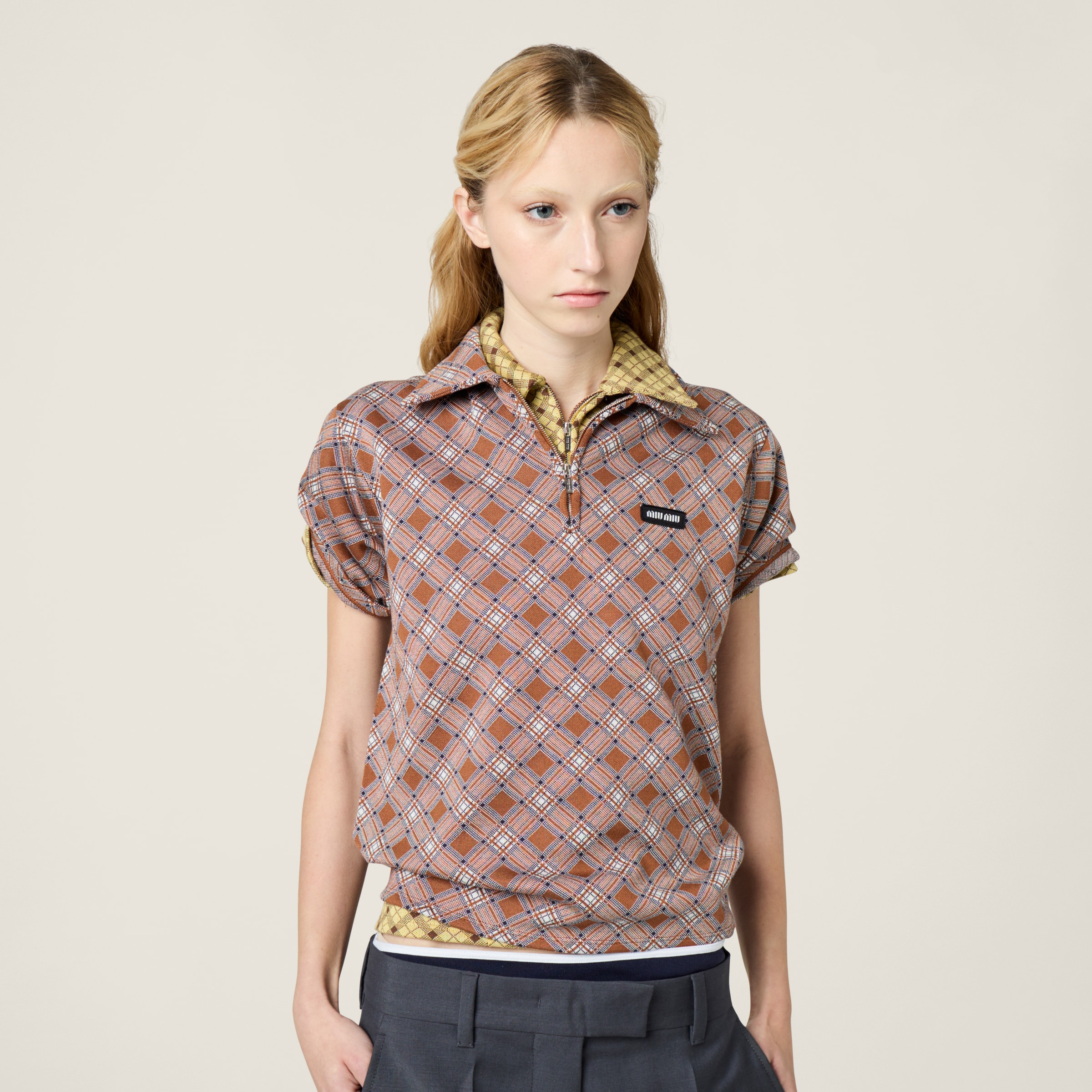 Miu Miu Check Short-sleeve Polo Top In Tobacco