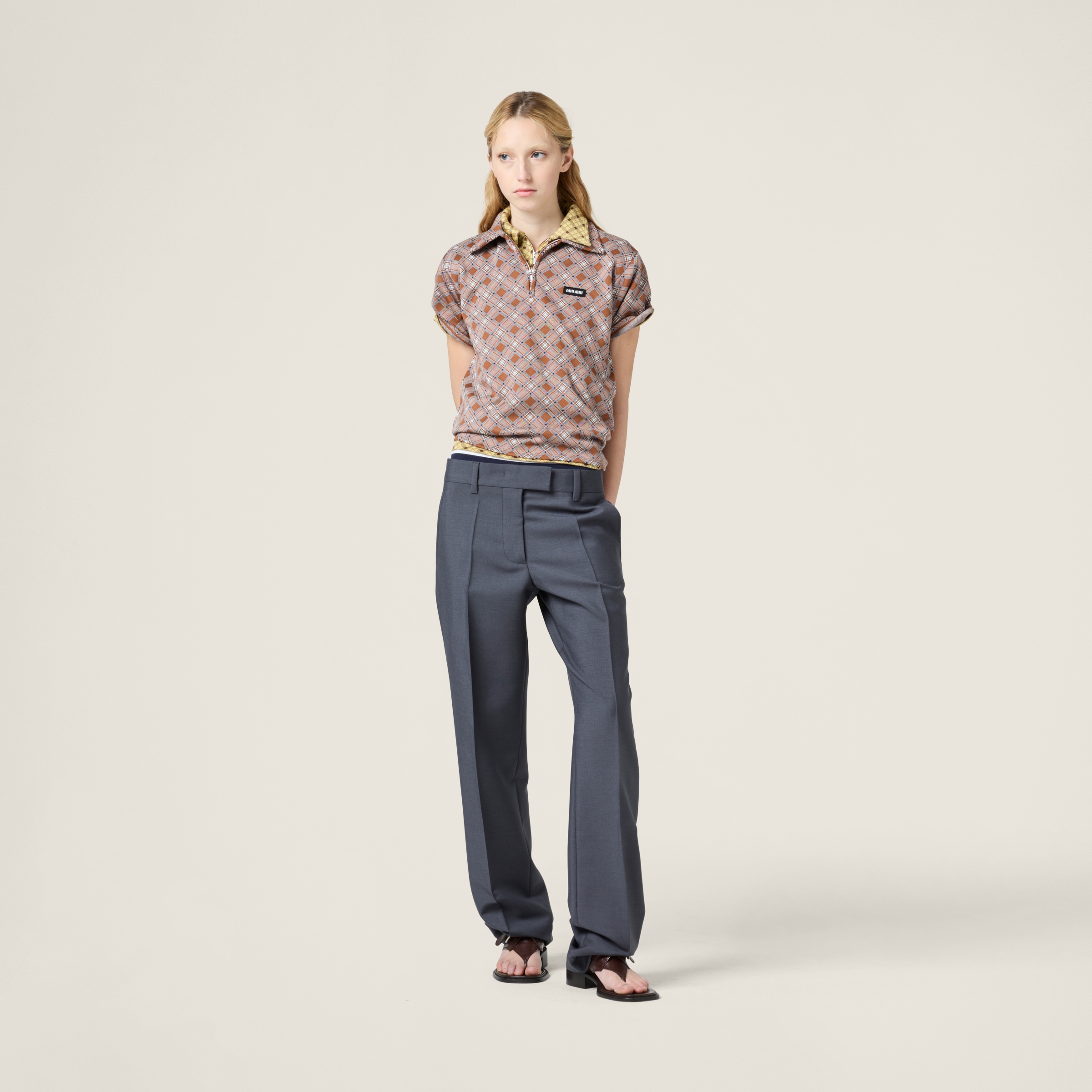 Miu Miu Check Short-sleeve Polo Top In Tobacco