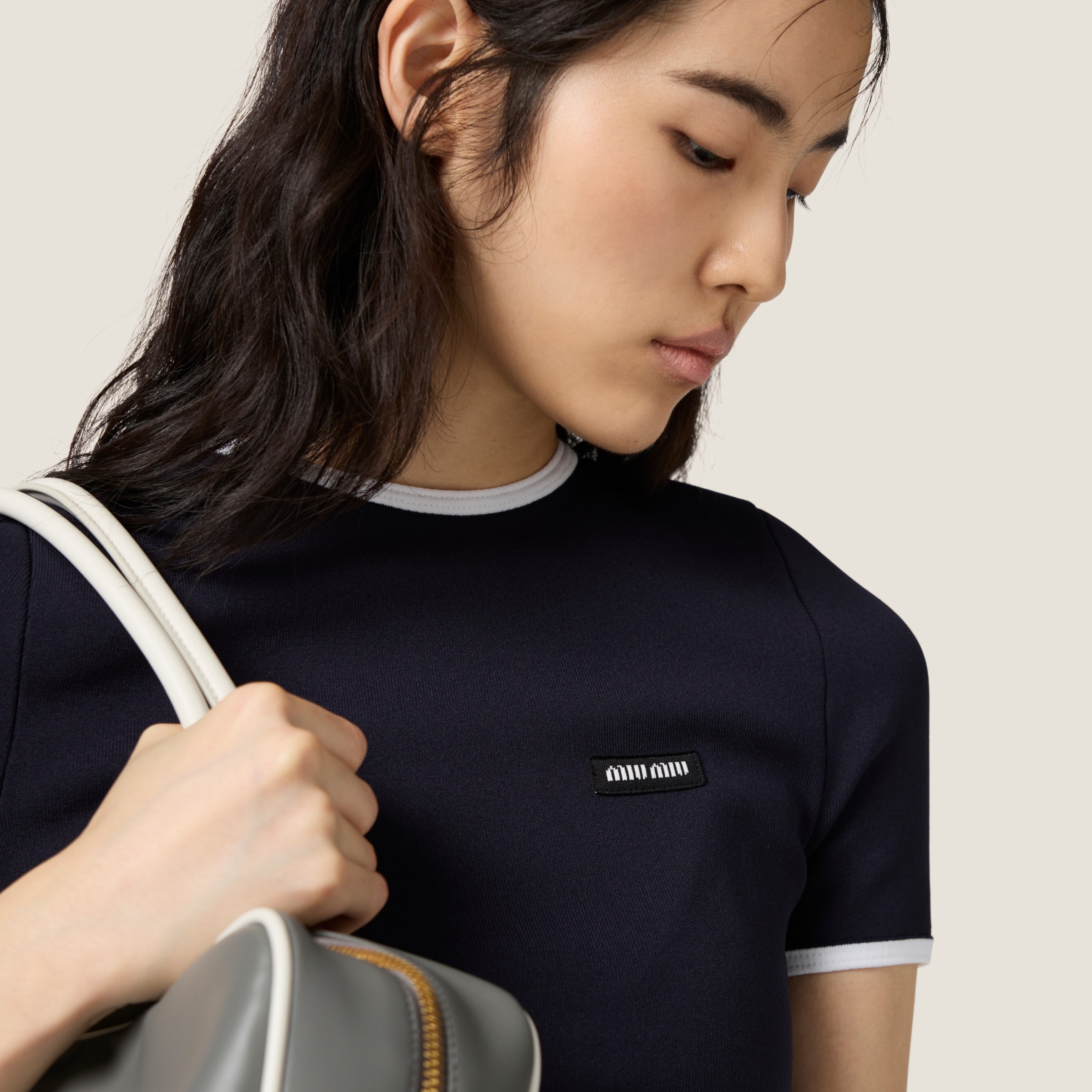 Miu Miu Technical Knitted Round Neck Sweater In Blue/white