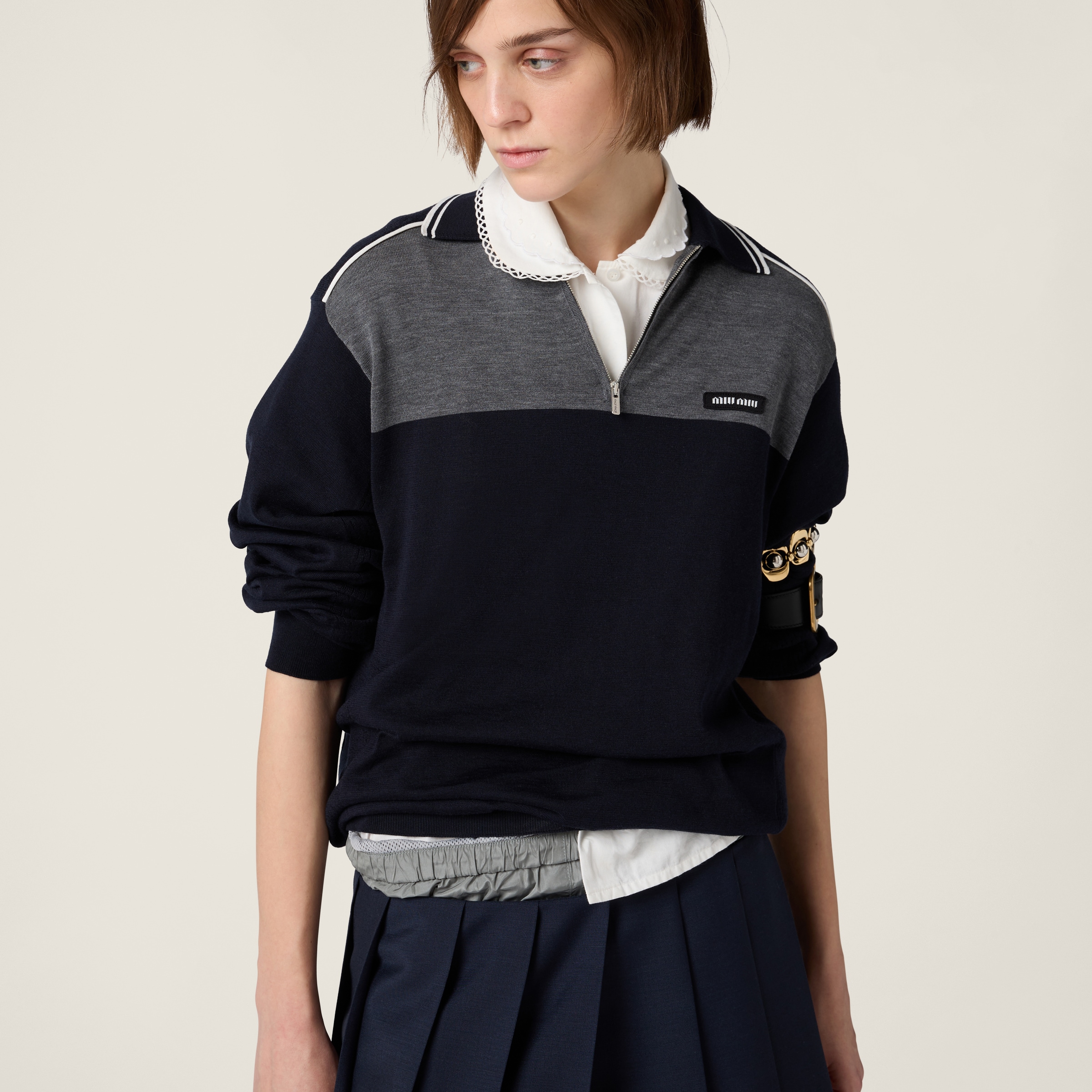 【感謝価格】 コットンxシルク ネイビー＋グレー ポロシャツ Miu Miu | トップス