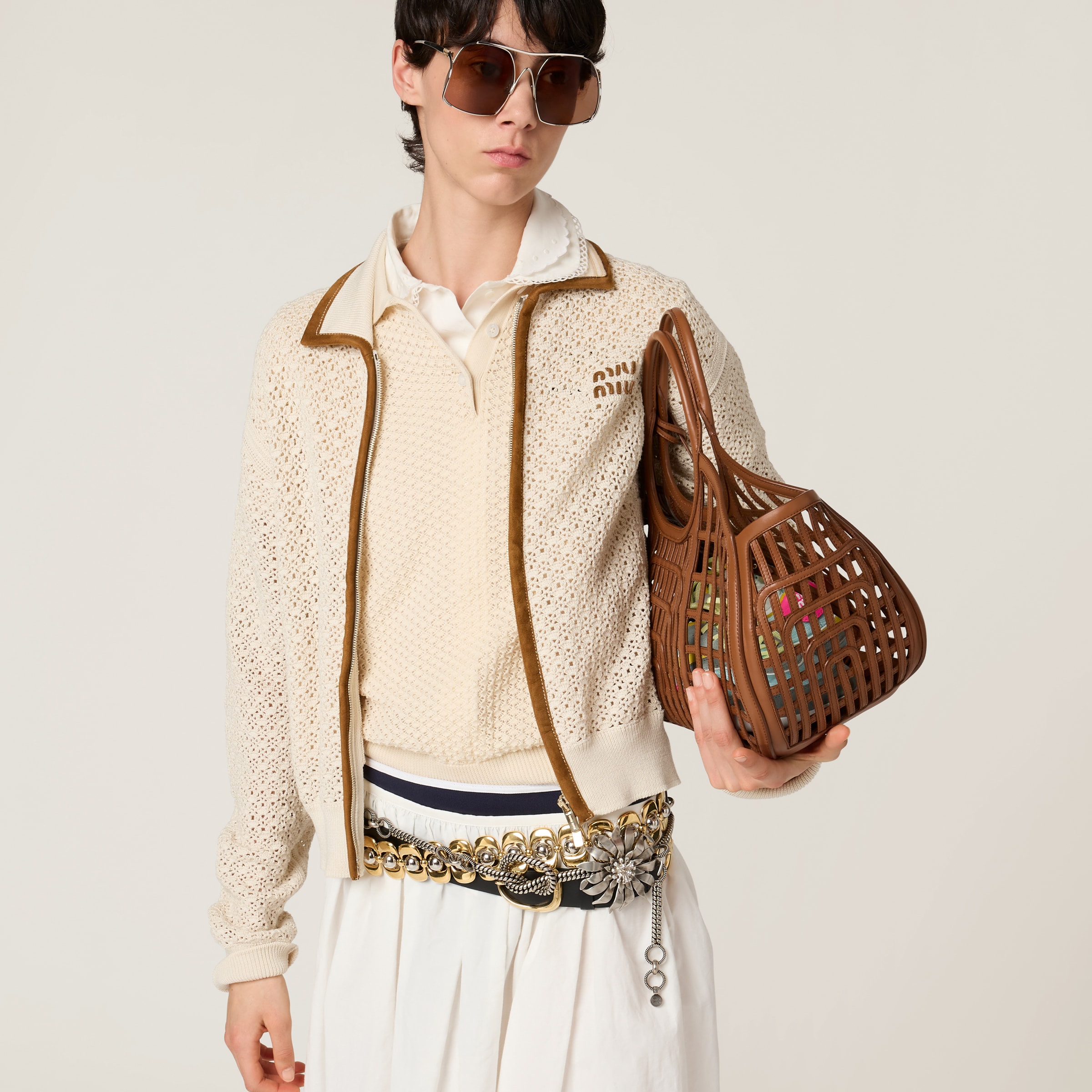 大幅値下げ　MIU MIU ストラップ　ニットポロシャツ 半袖　短 Miu Miu ストライプ ポロトップ | グレー | FARFETCH JP