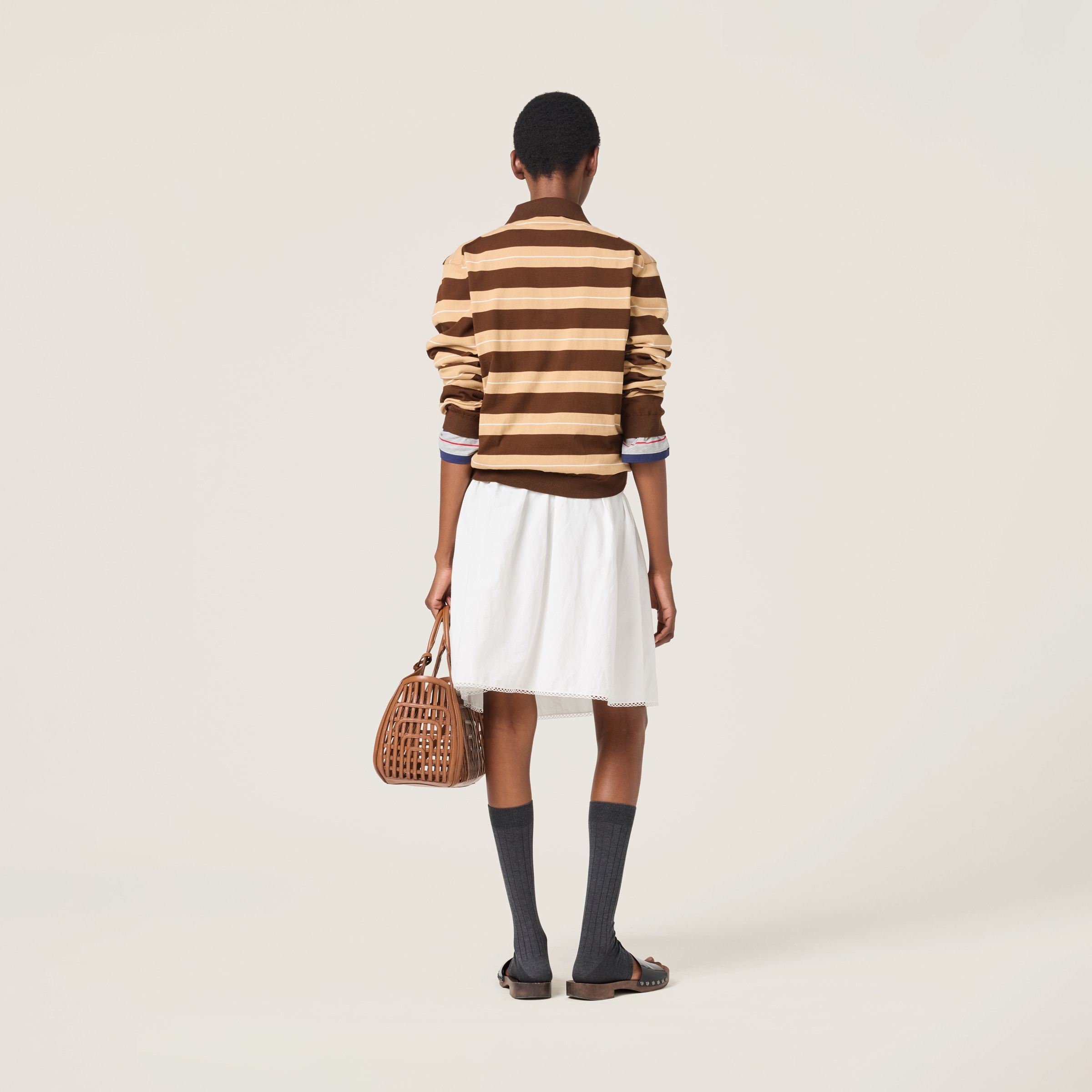 Miu Miu Striped Cotton Knit Long-sleeve Polo In Brown