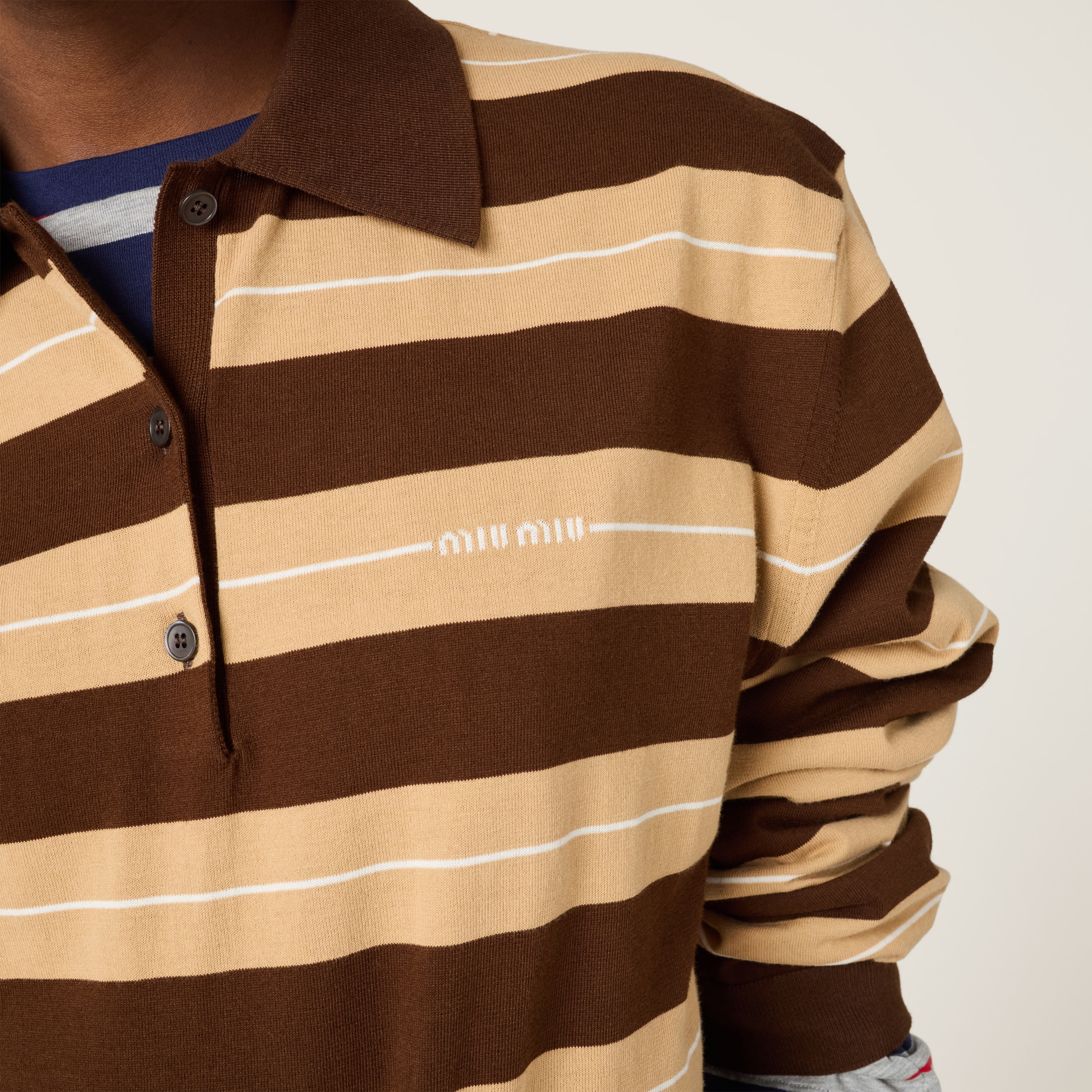 Miu Miu Striped Cotton Knit Long-sleeve Polo In Brown