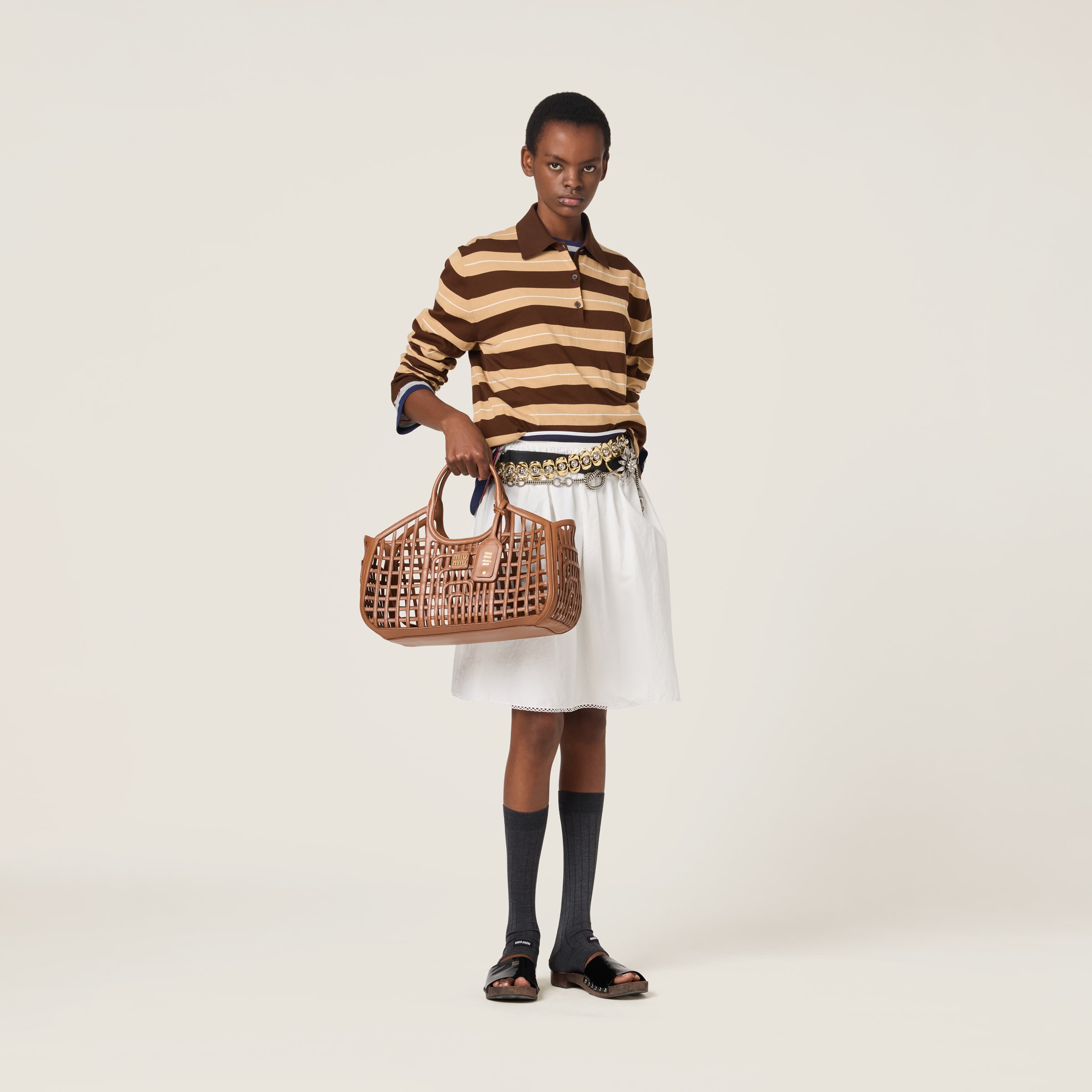 Miu Miu Striped Cotton Knit Long-sleeve Polo In Brown