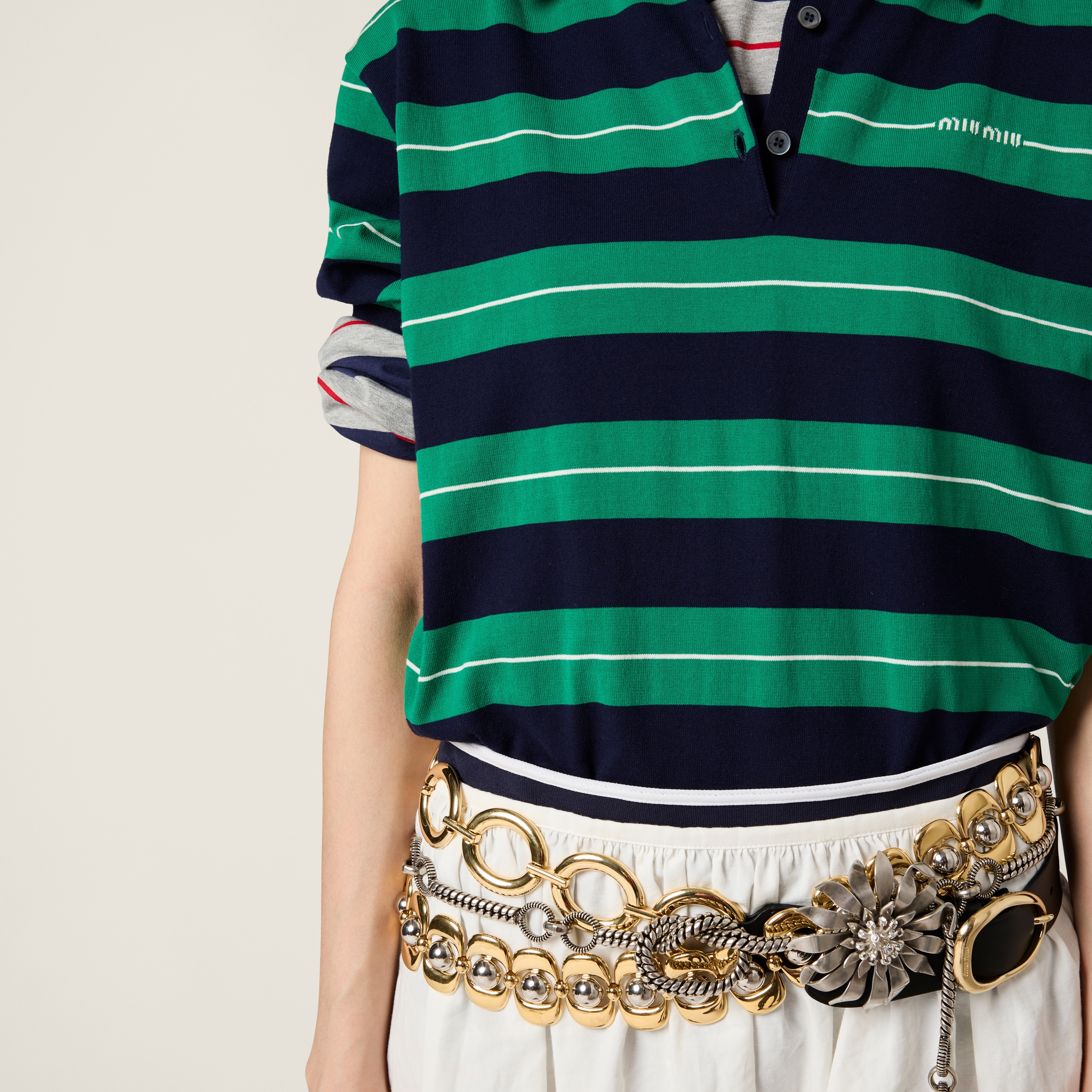 Miu Miu Striped Logo Motif Polo Shirt