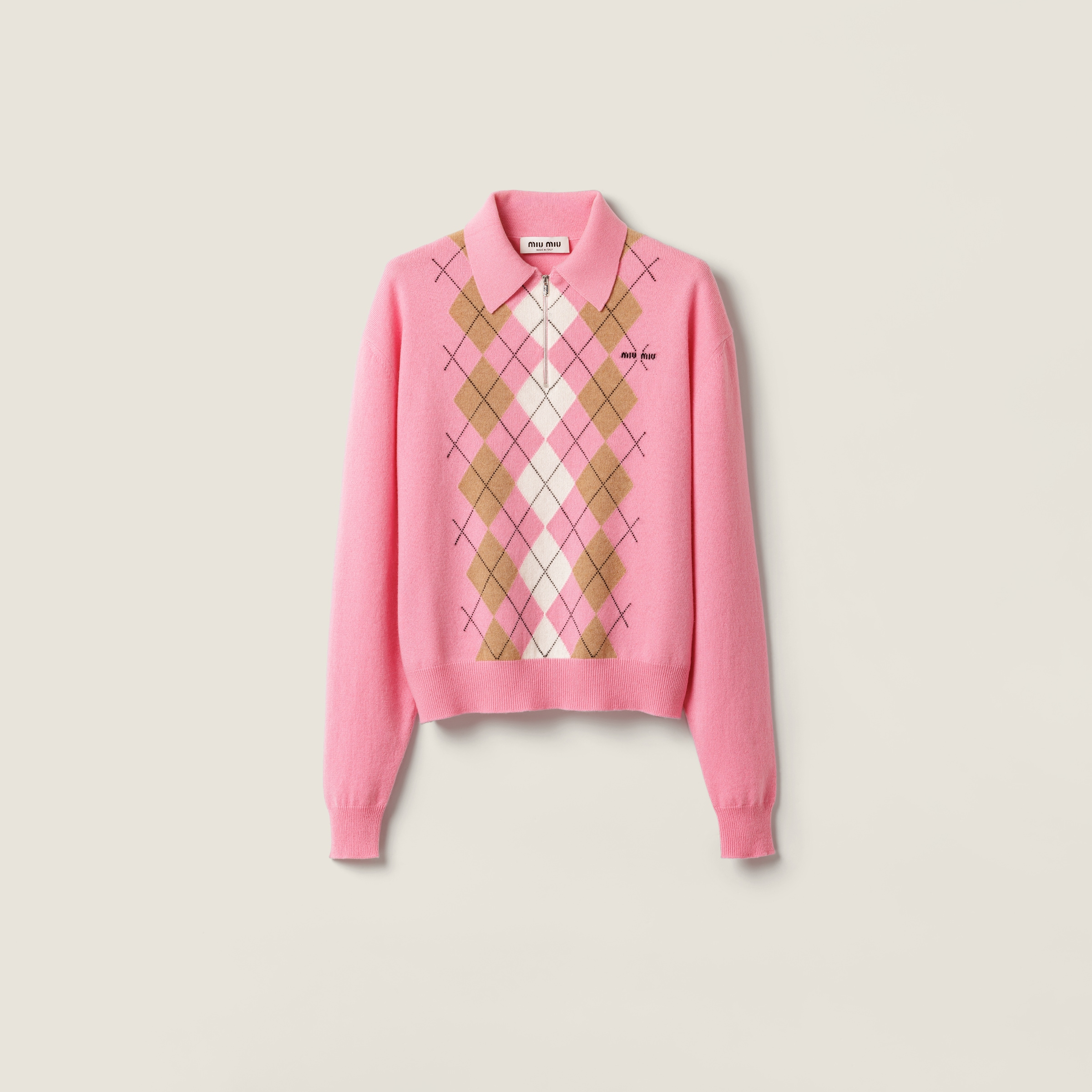 Miu Miu Argyle Pattern Polo Collar Knitwear Sweater In Pink