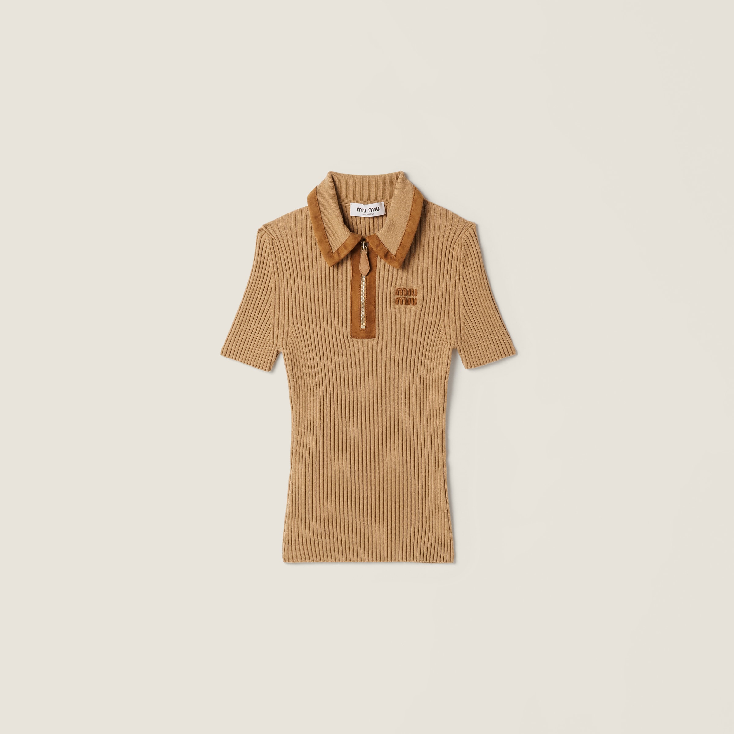 Miu Miu Ribbed Knit Cashmere Polo Sweater In Brown