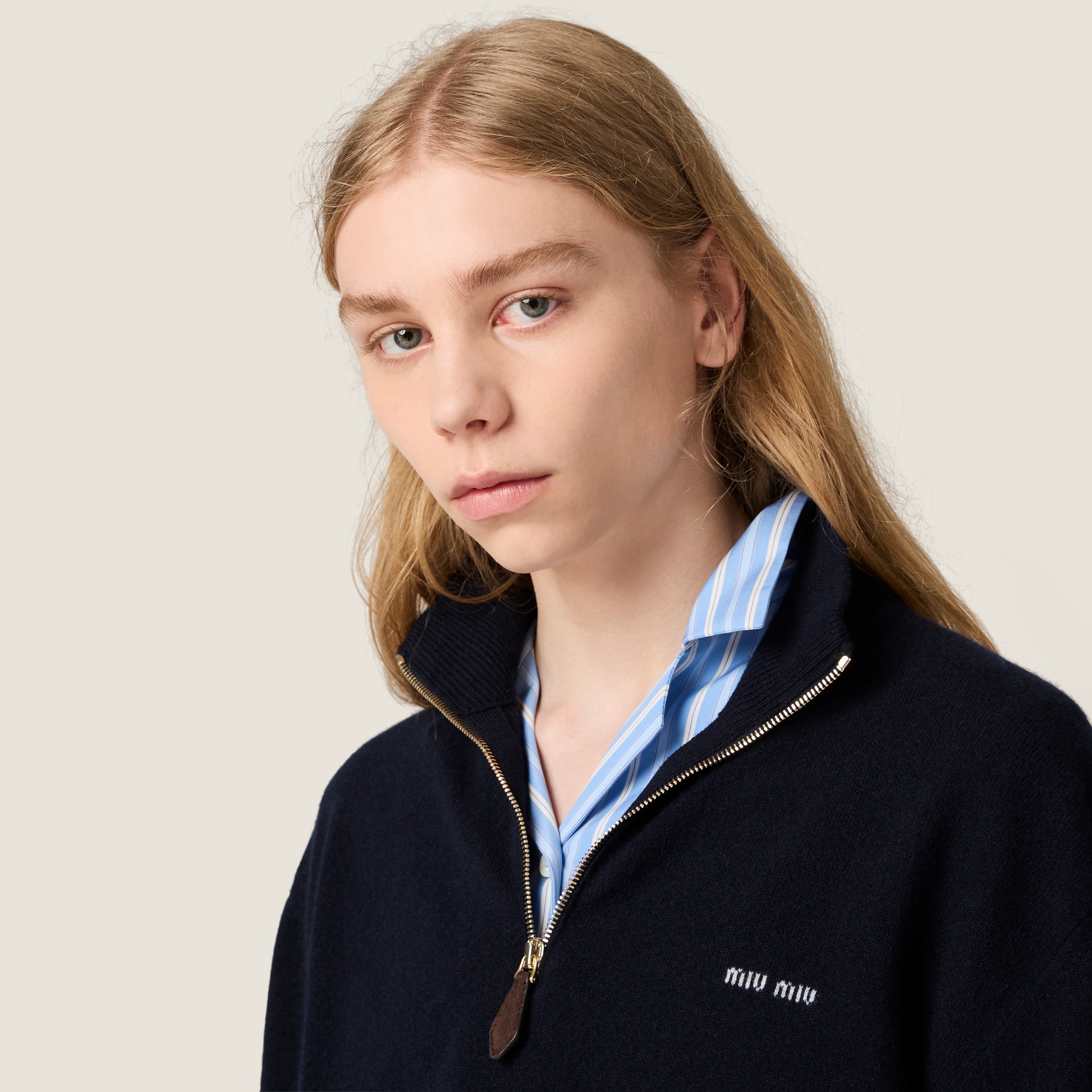 Miu Miu Cashmere And Leather Zipper Sweater In Blue
