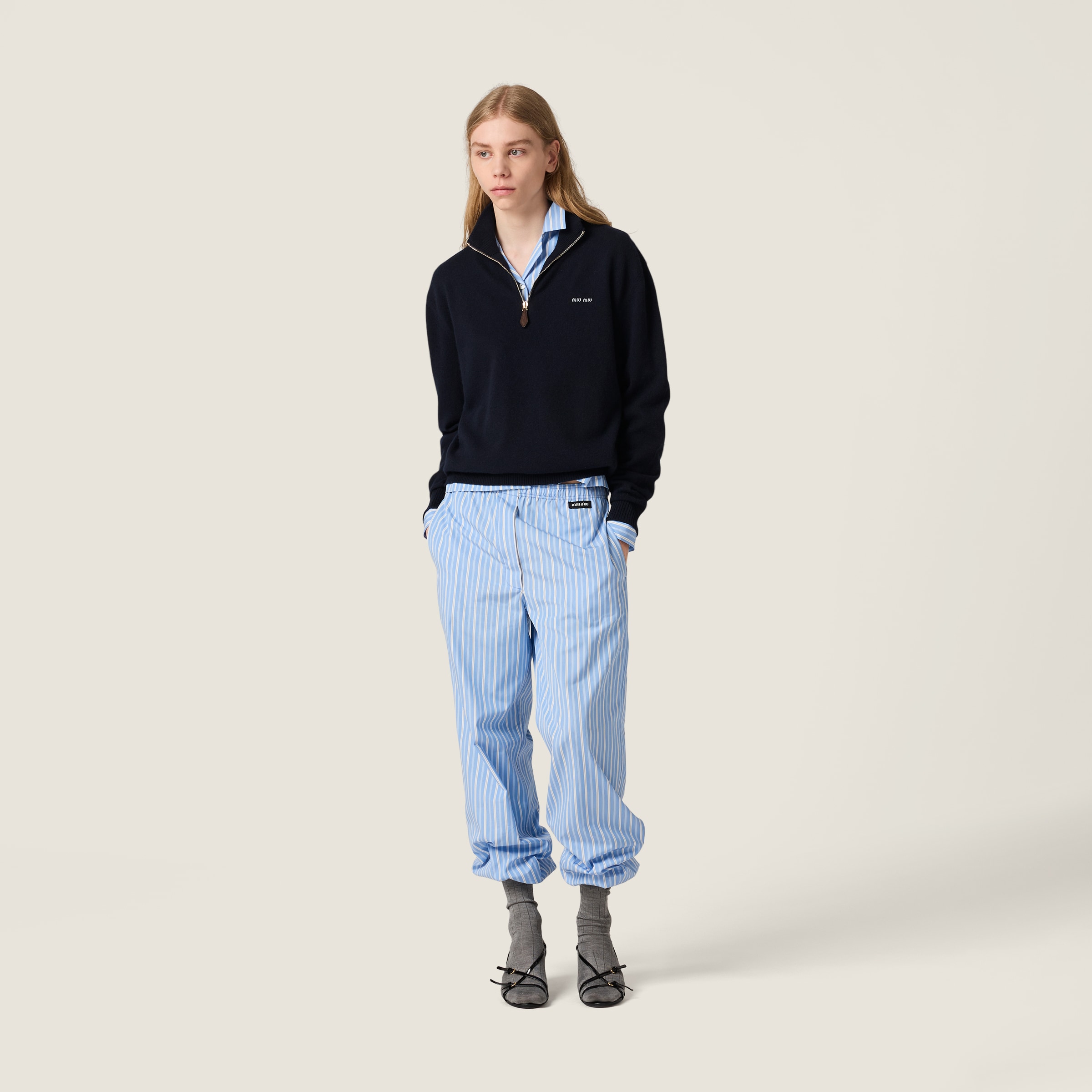 Miu Miu Cashmere And Leather Zipper Sweater In Blue