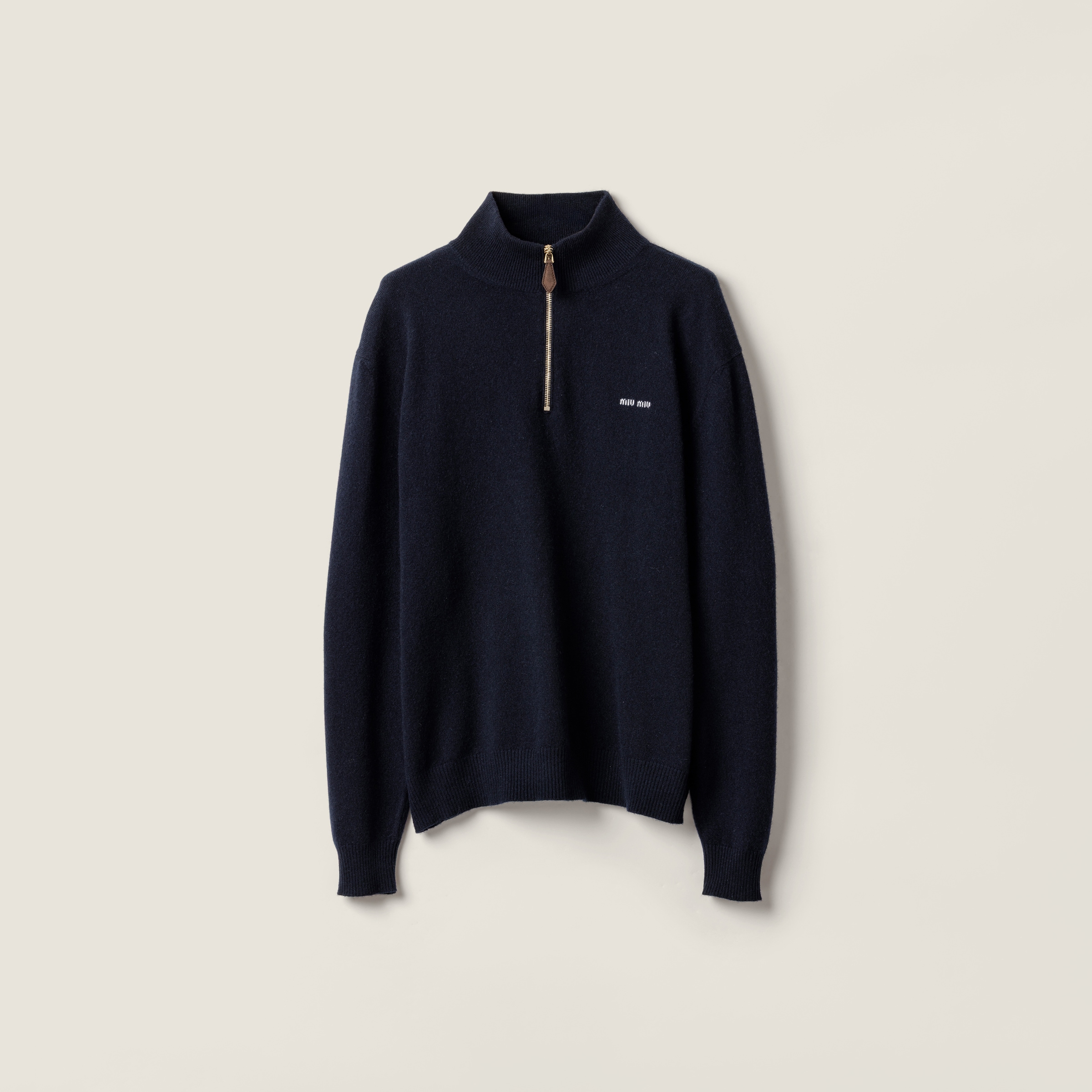 Miu Miu Cashmere And Leather Zipper Sweater In Blue