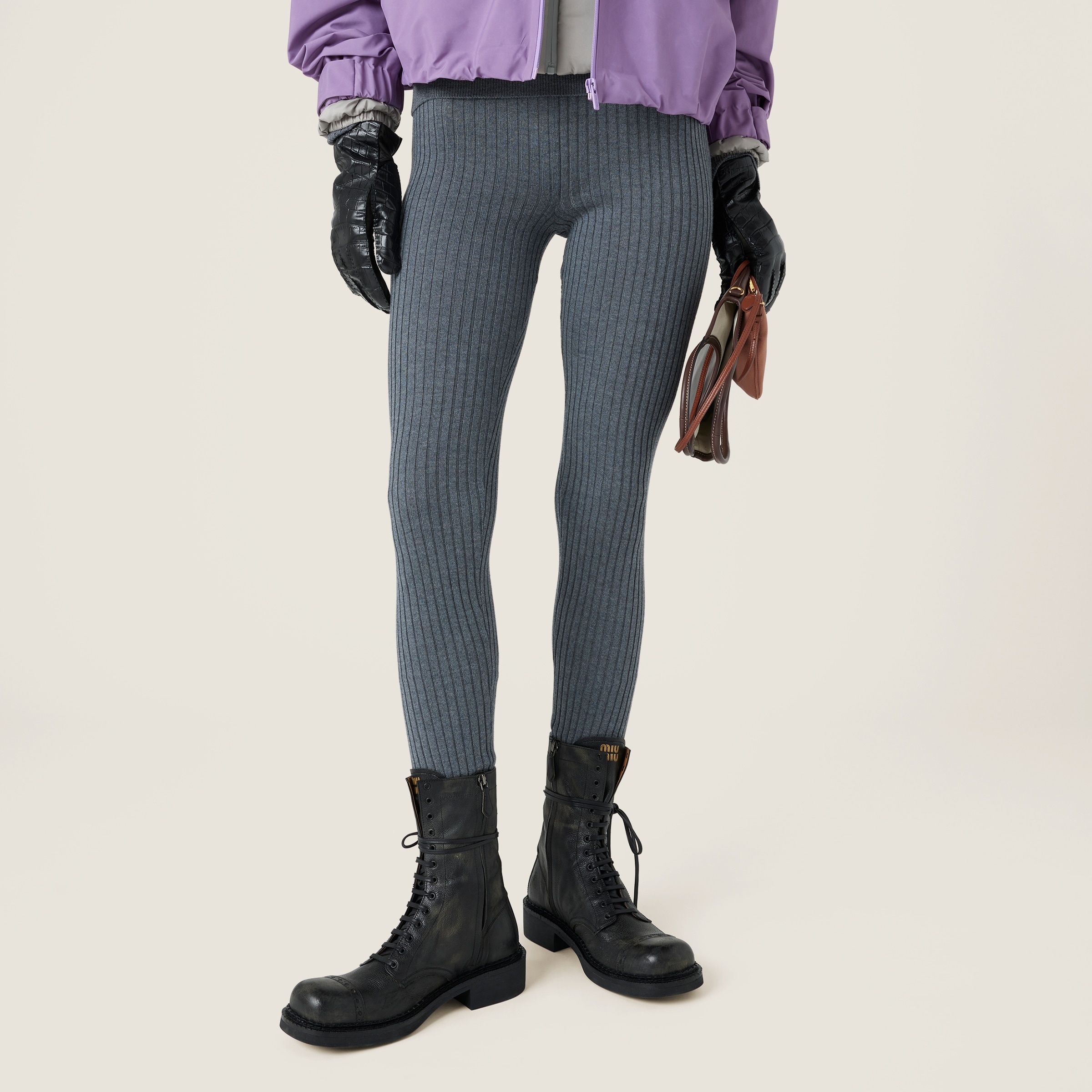 Miu Miu Ribbed Wool Trousers In Slate Gray