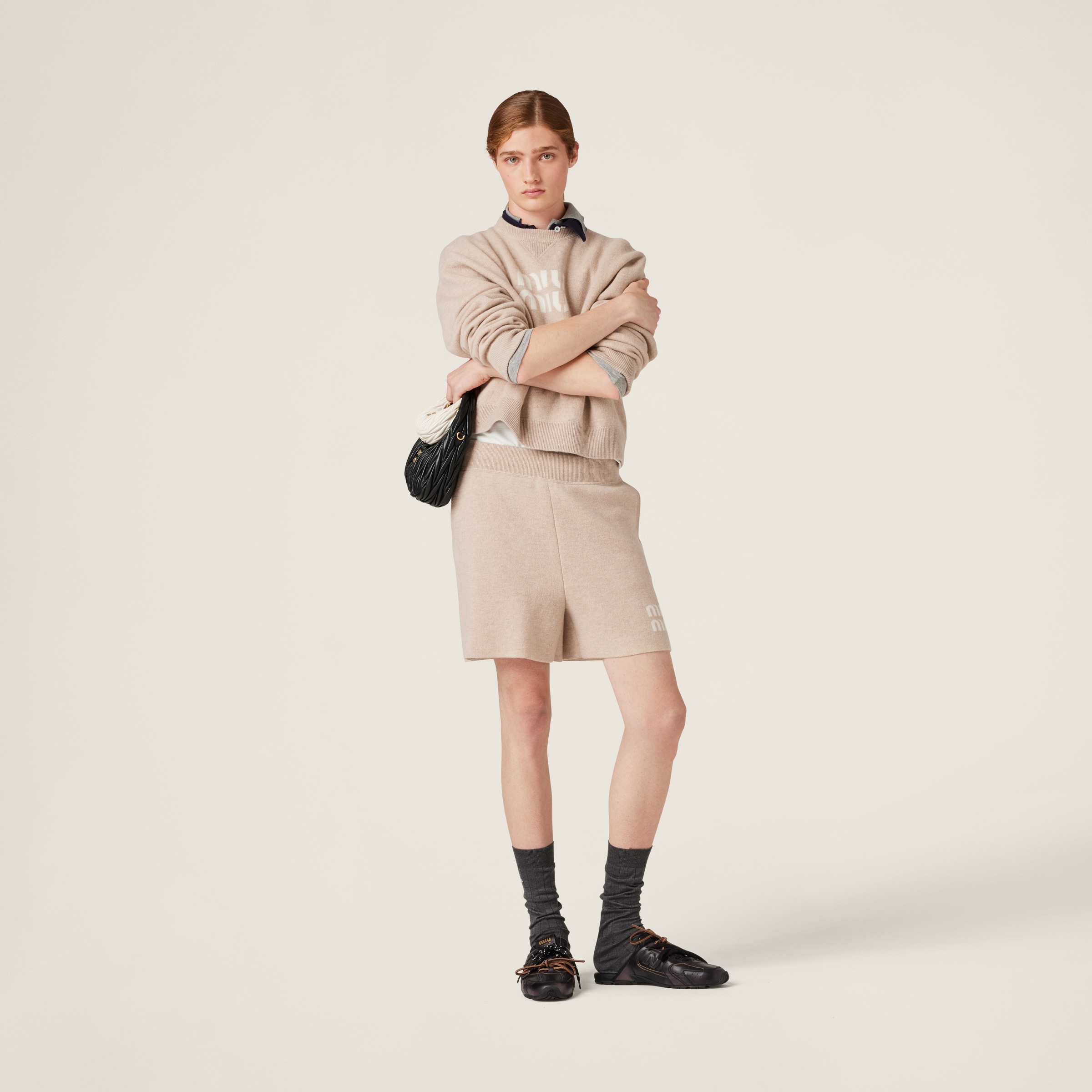 Miu Miu Double Cashmere Shorts In Sand Beige