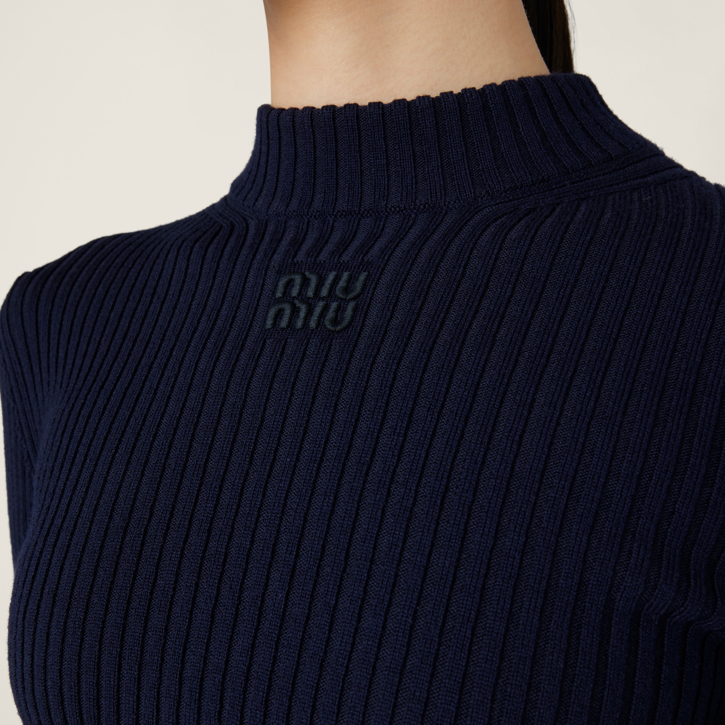 Miu Miu Ribbed Knit Wool Turtleneck Sweater In Navy