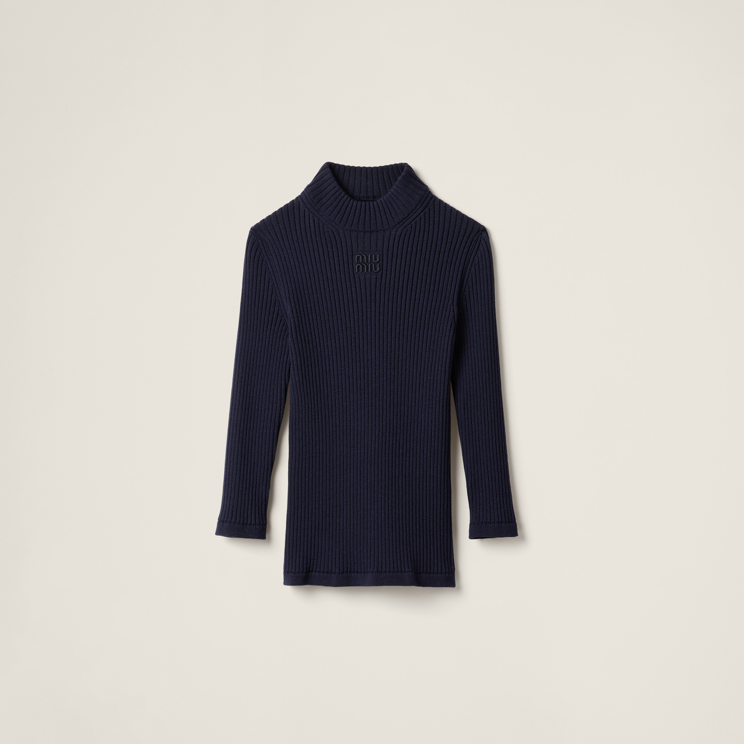 Miu Miu Ribbed Knit Wool Turtleneck Sweater In Navy