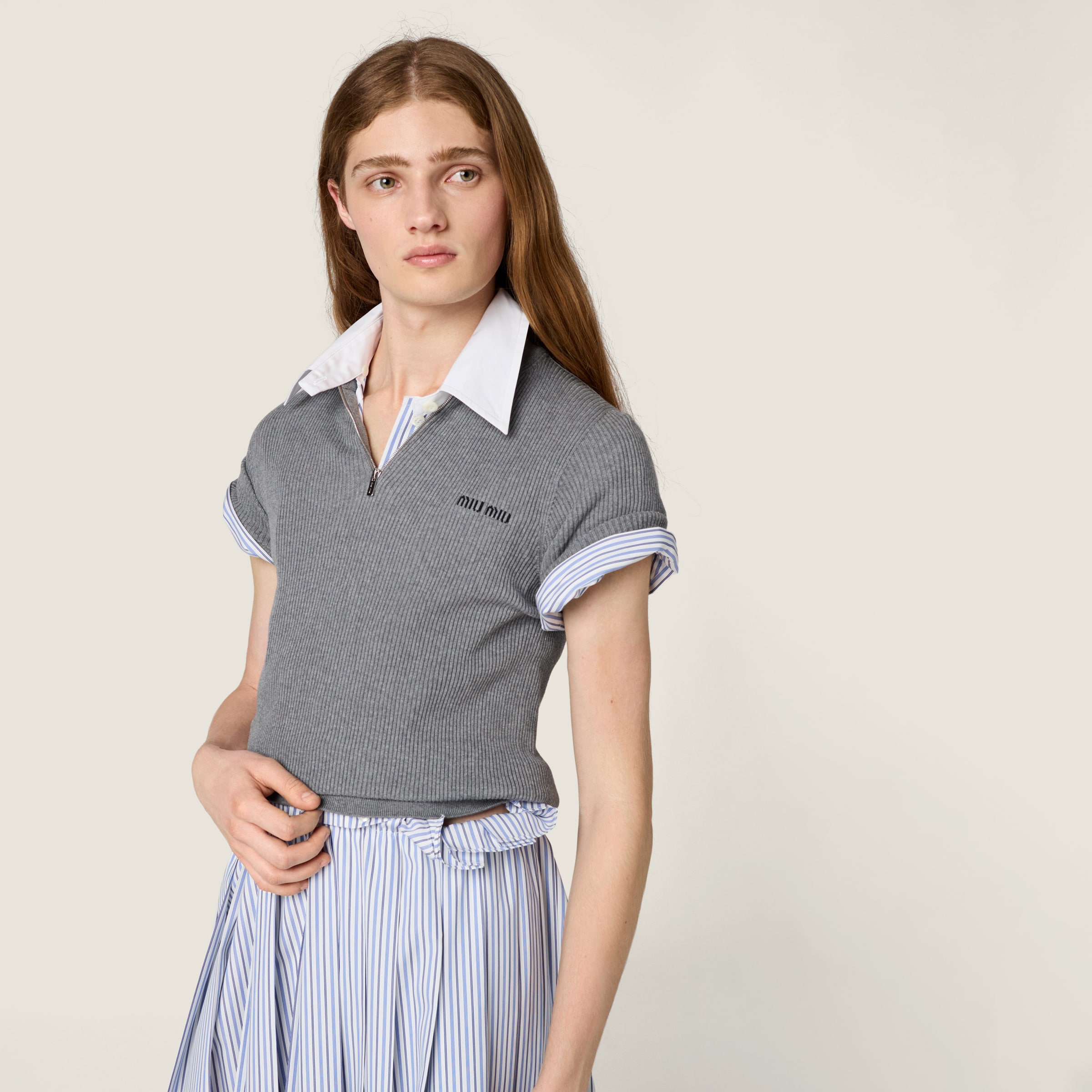 Grey Cotton Half-zipper Sweater | Miu Miu