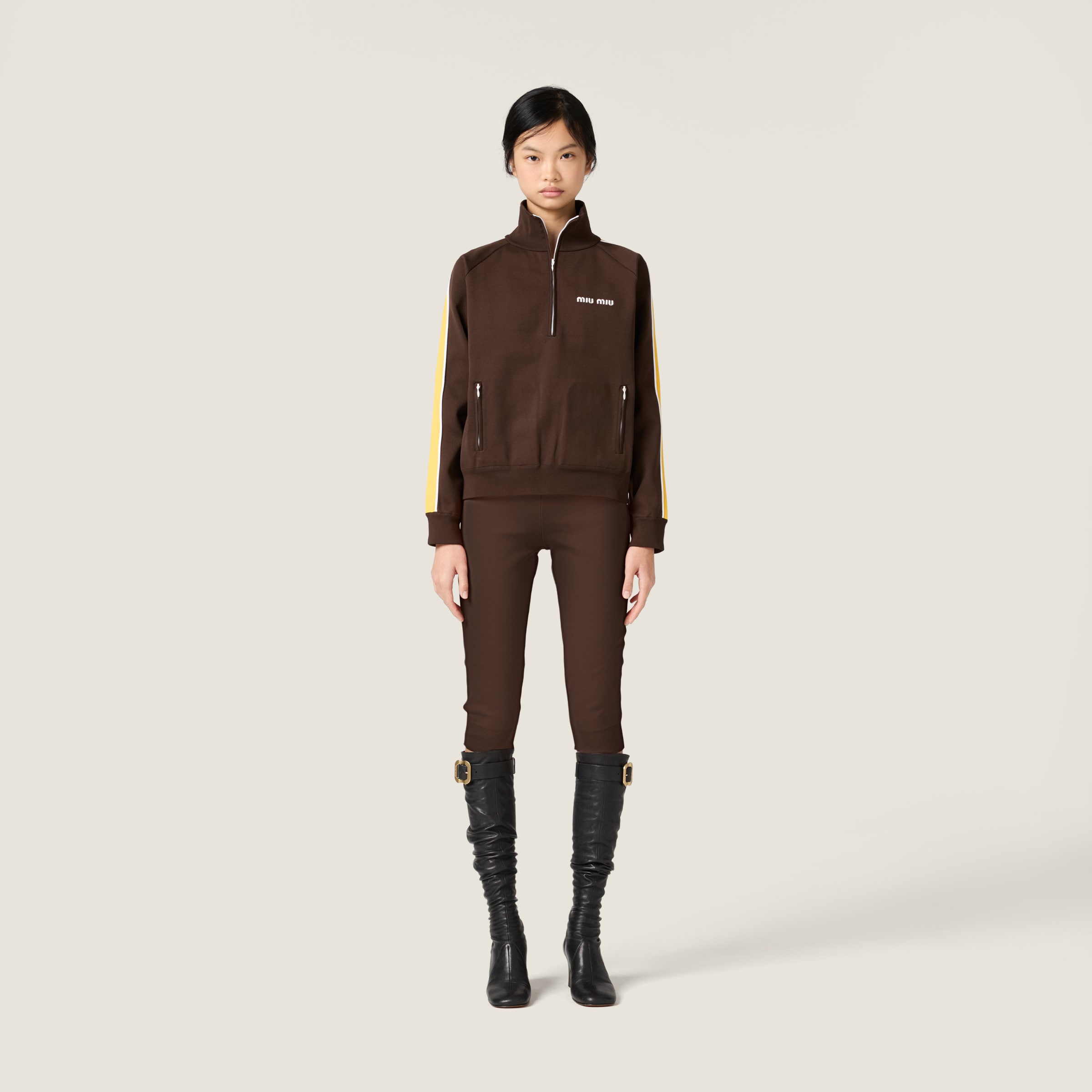Miu Miu Technical Yarn Zipper Sweatshirt In Brown