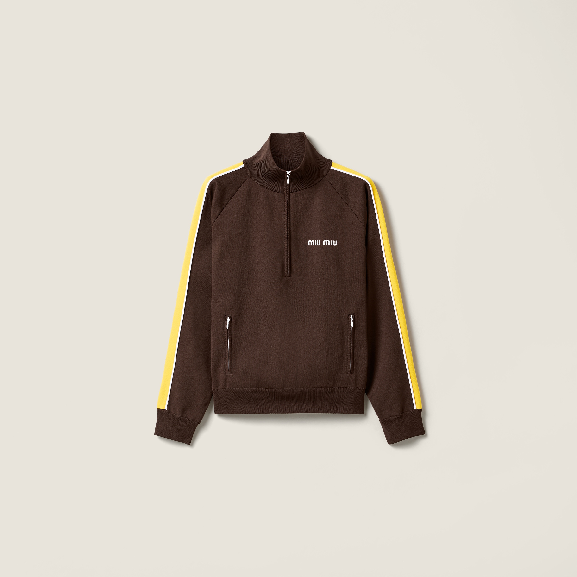 Miu Miu Technical Yarn Zipper Sweatshirt In Brown